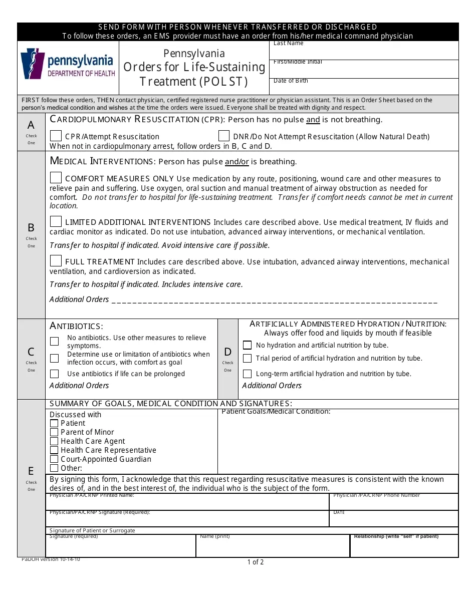 Pennsylvania Pennsylvania Orders For Life Sustaining Treatment Polst Form Fill Out Sign Online And Download PDF Templateroller