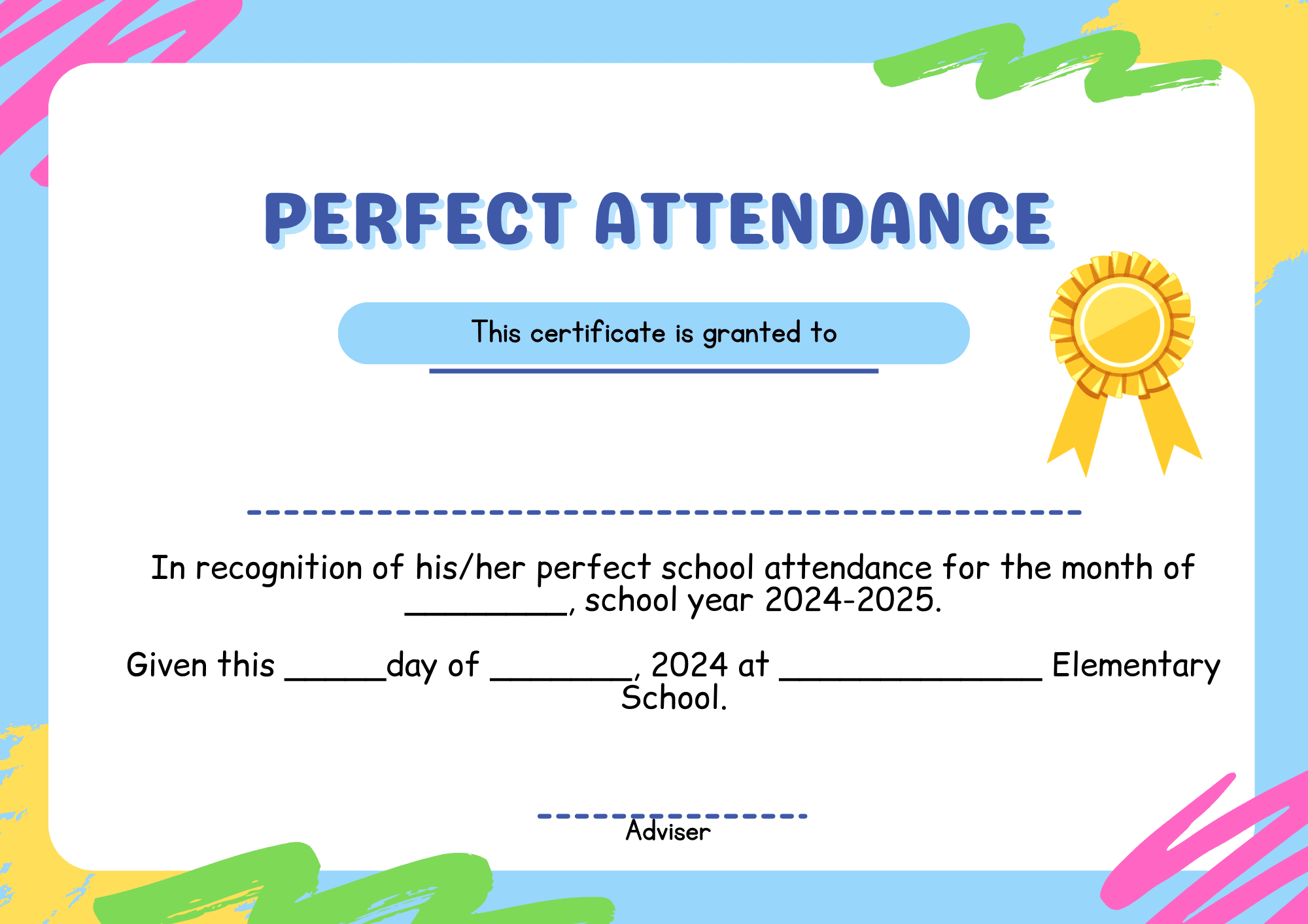 Perfect Attendance Certificate Colorful By Emsol Raket PH