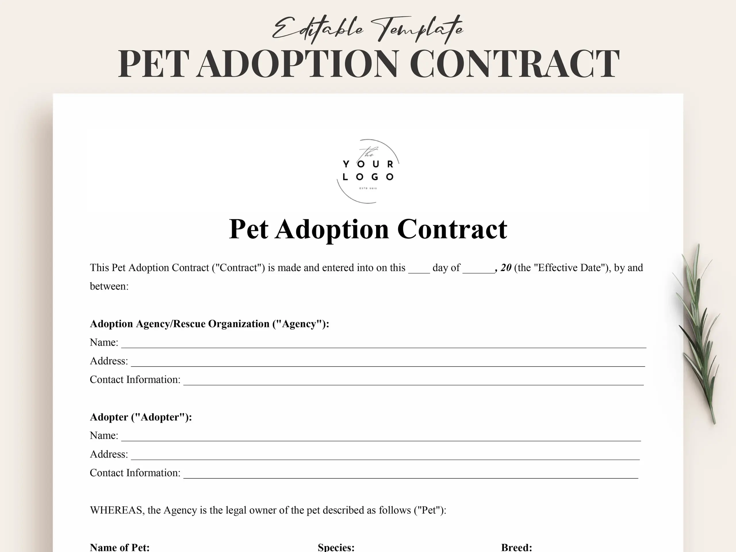 Pet Adoption Contract Template Printable Pet Agreement Form For Breeders Rescue Centers Dog Cat Animal Adoption Paperwork PDF Etsy