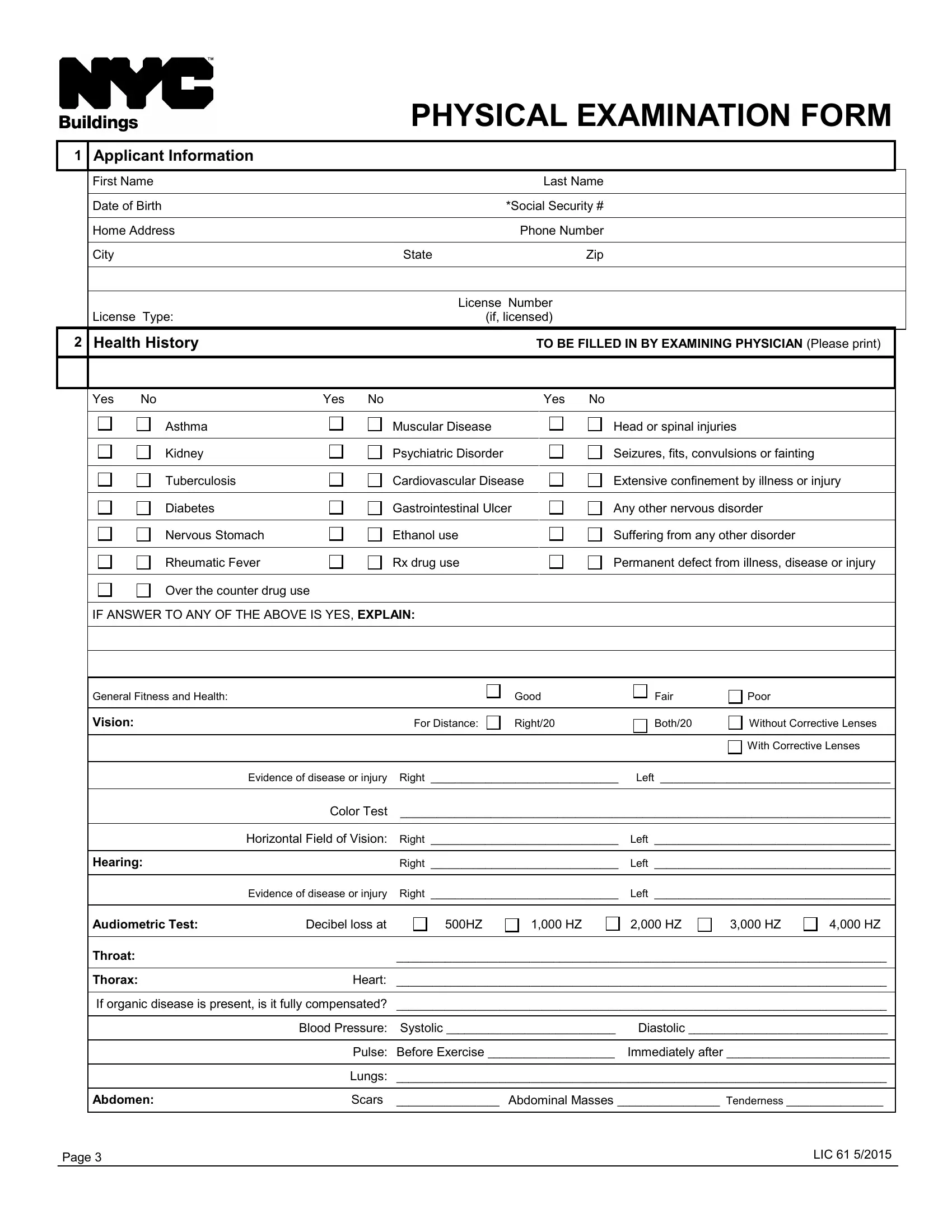 Physical Examination Form Fill Out Printable PDF Forms