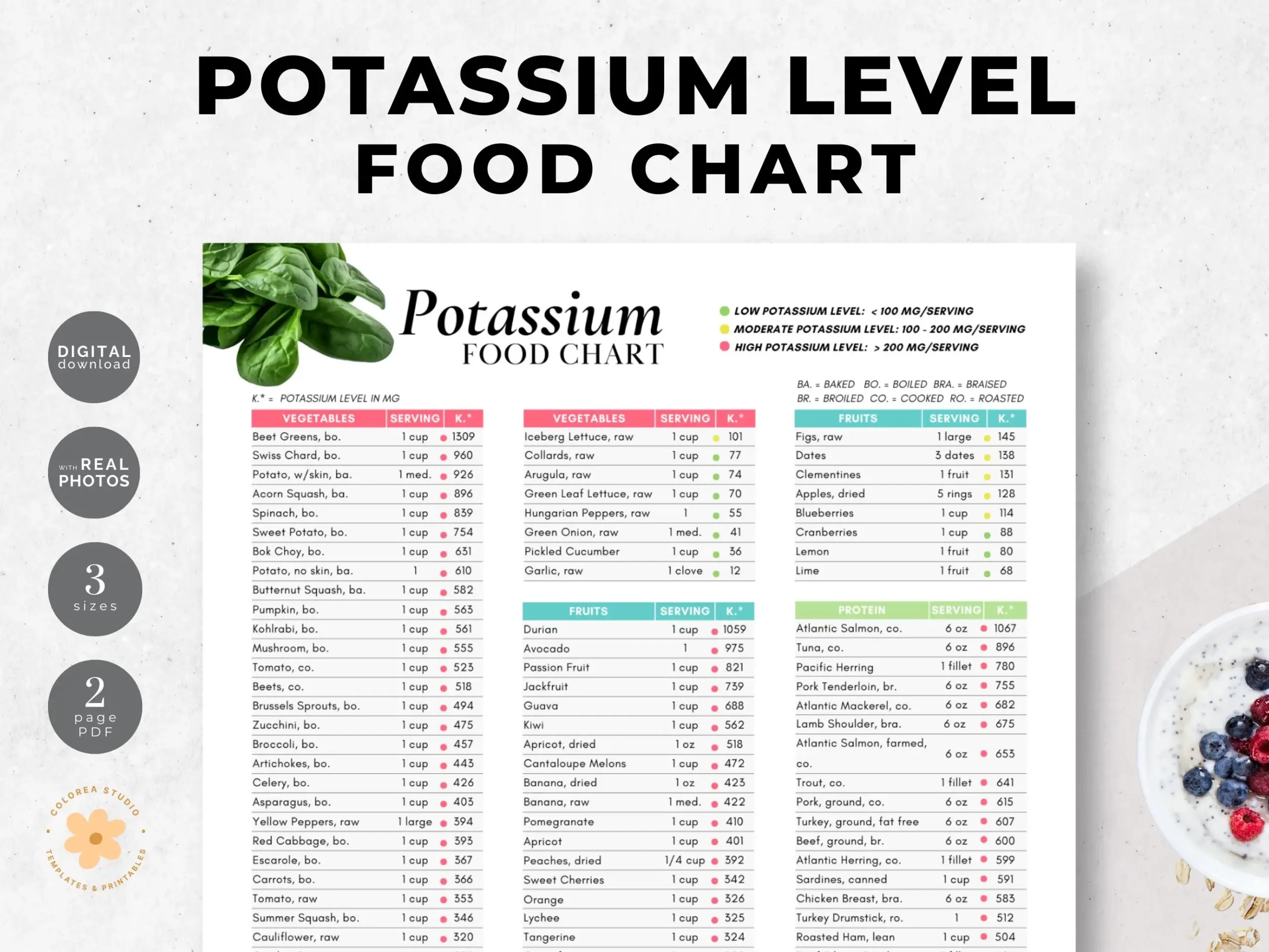 Potassium Food Chart High Low Levels Nutritionist Handout Lead Magnet 2 page PDF Etsy