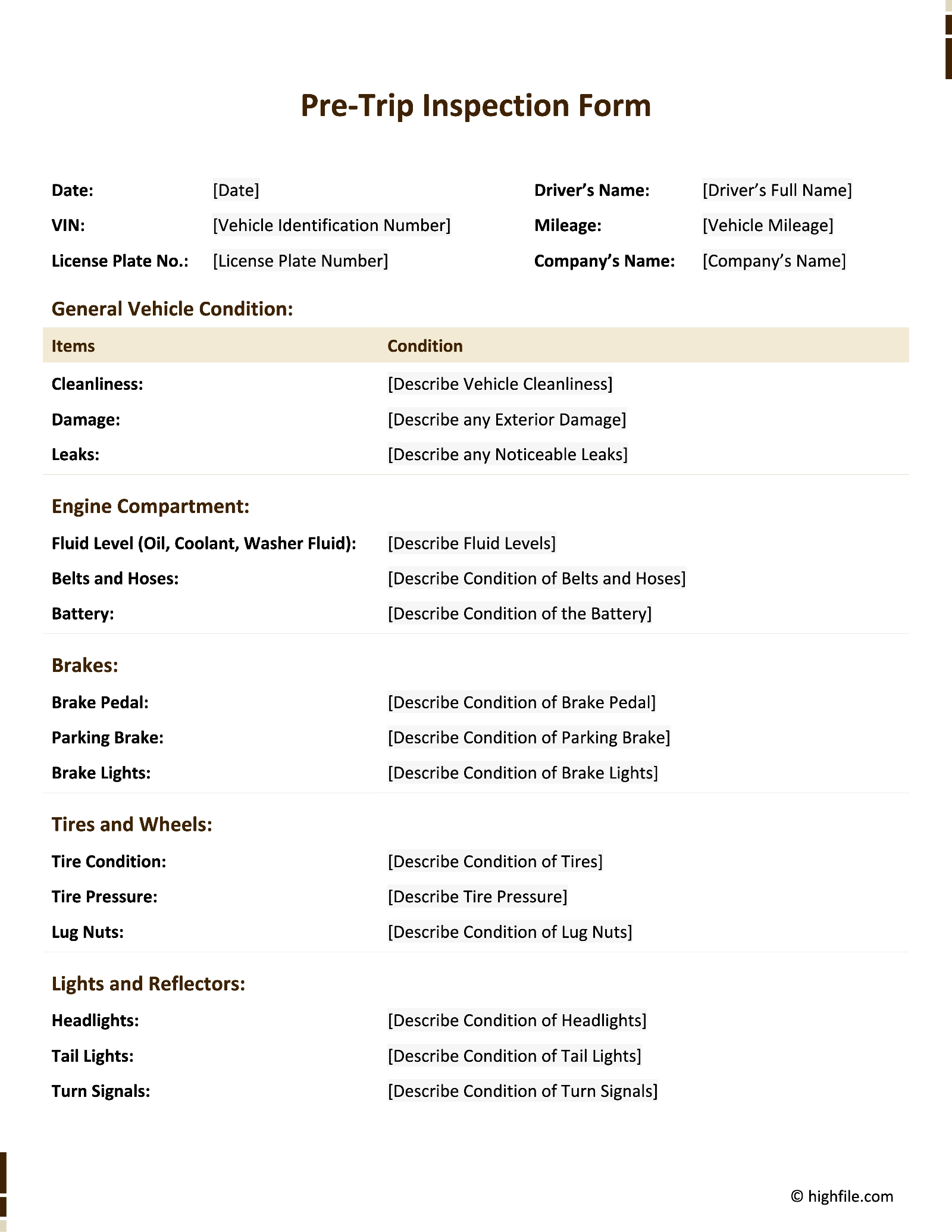 Pre Trip Inspection Form Word PDF Google Docs Highfile