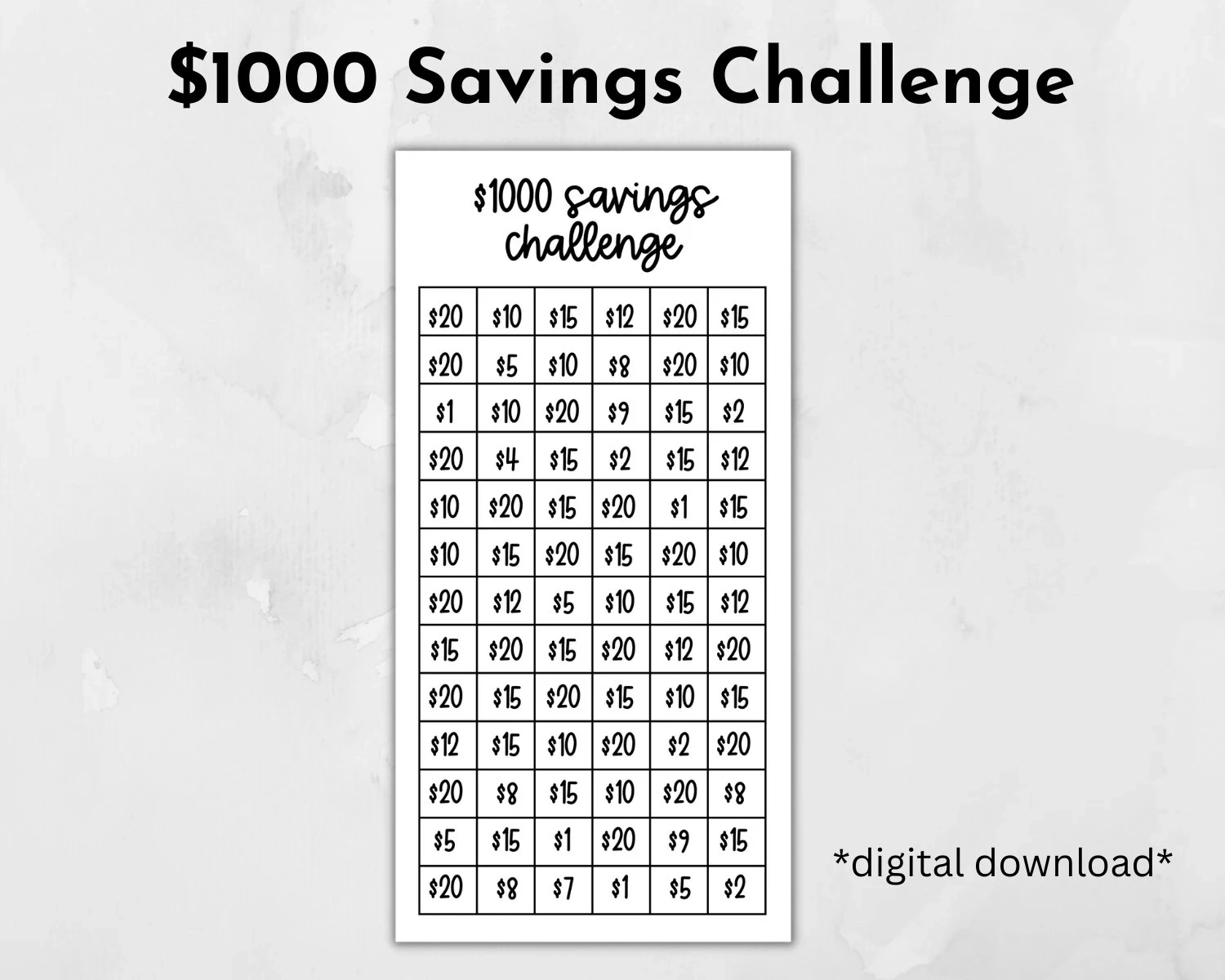 Printable 1000 Dollar Savings Challenge Digital Download PDF Etsy