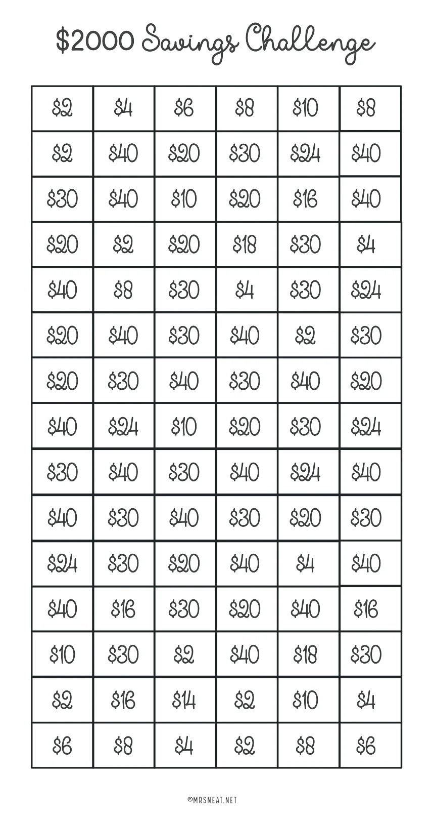 PRINTABLE 2000 1000 Dollar Savings Challenge 100 Envelope Challenge Mrsneat