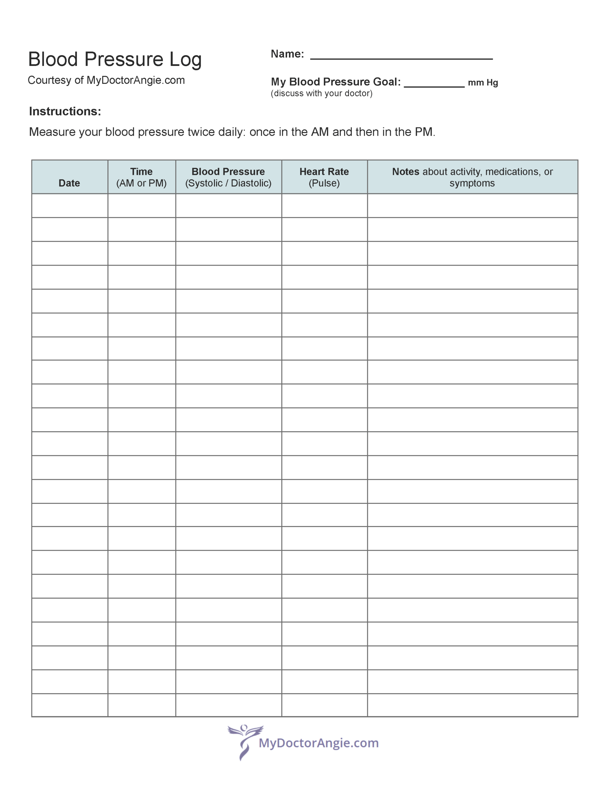 Printable Blood Pressure Log MyDoctorAngie