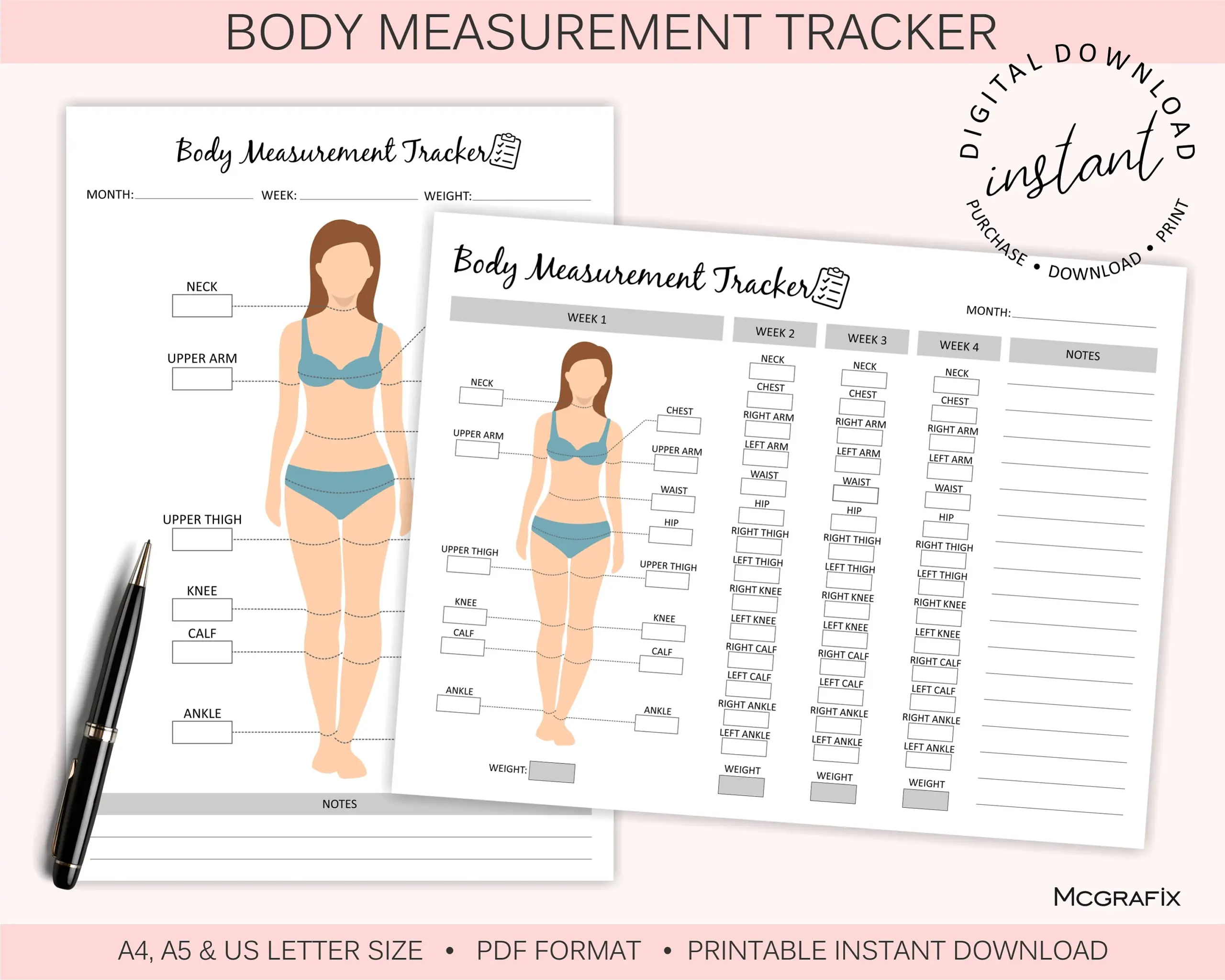 Printable Body Measurement Tracker Weight Loss Tracker Body Measurement Planner Weight Loss Weight Loss Chart Instant Download Etsy