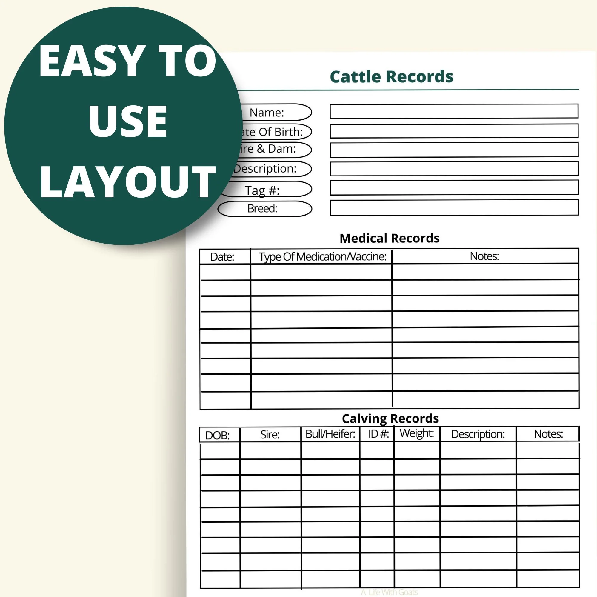 Printable Cattle Records Page Instant Download 8 5x11 PDF Homestead Cattle Care Tracker Sheet Cattle Herd Tracker Minimal Ink Etsy