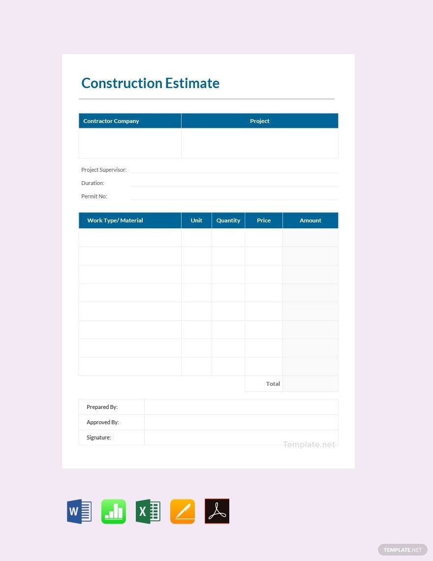 Printable Construction Estimate Template In Word Google Sheets Excel Pages Apple Numbers PDF Google Docs Download Template
