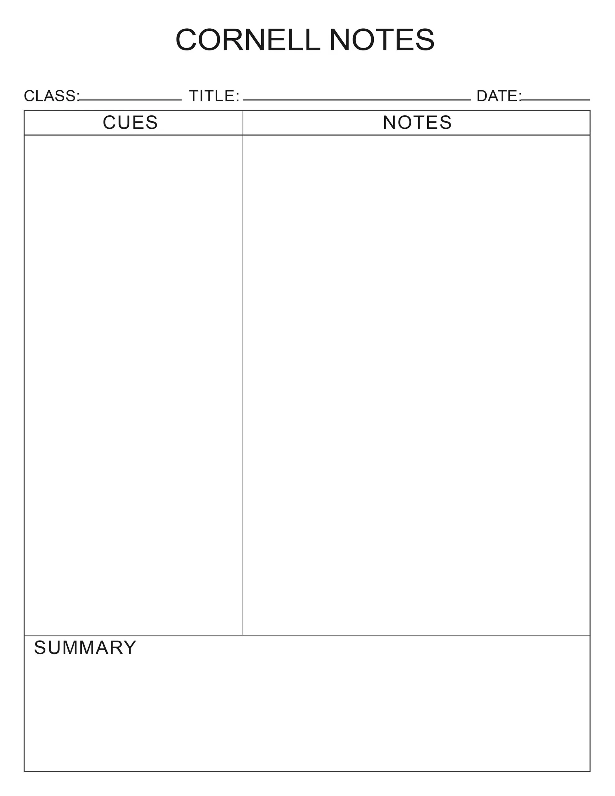 Printable Cornell Notes Plain Template PDF File Etsy