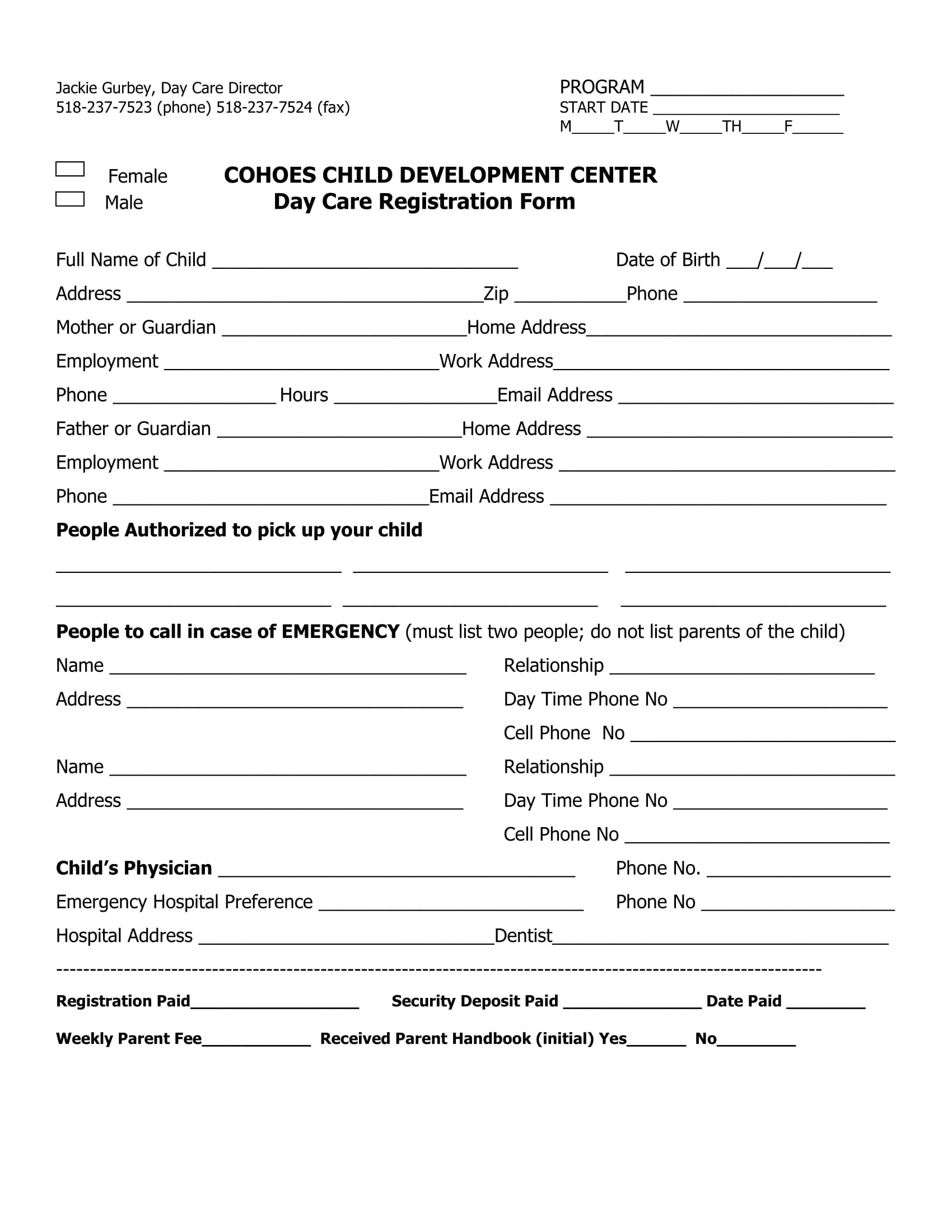 Printable Daycare Application Form For Parents Printable Study Planner