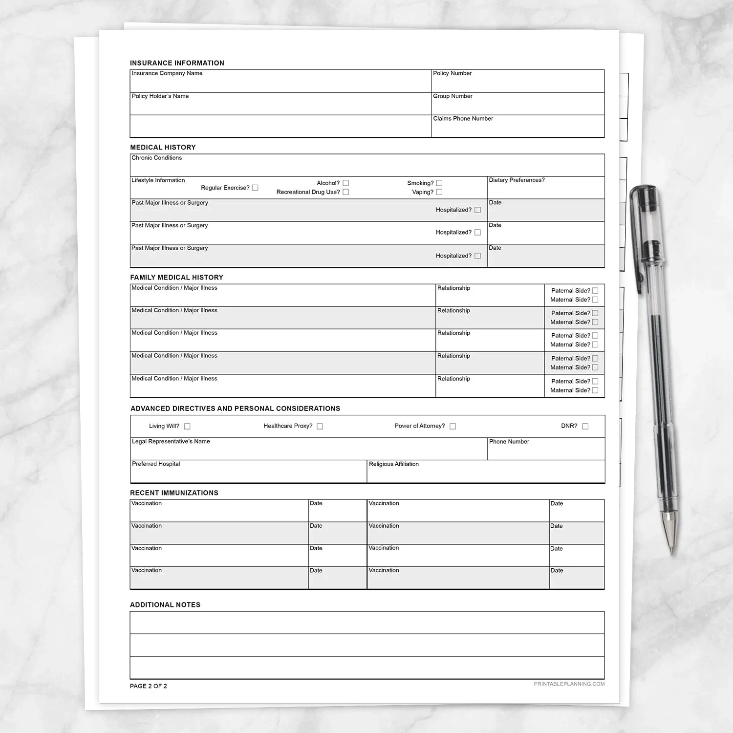 Printable Medical Information Form Personal Health Record PDF Printable Planning