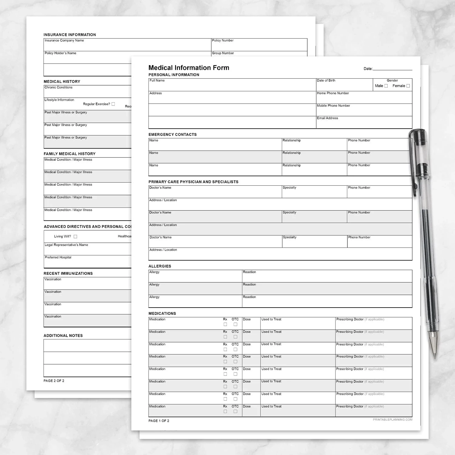 Printable Medical Information Form Personal Health Record PDF Printable Planning