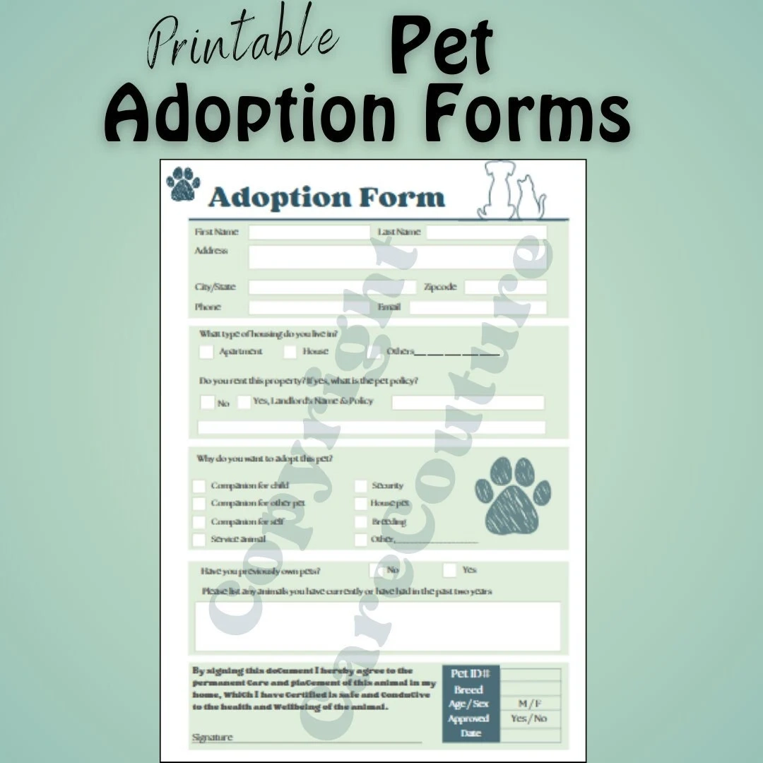 Printable Pet Adoption Form Animal Rescue Template download Etsy