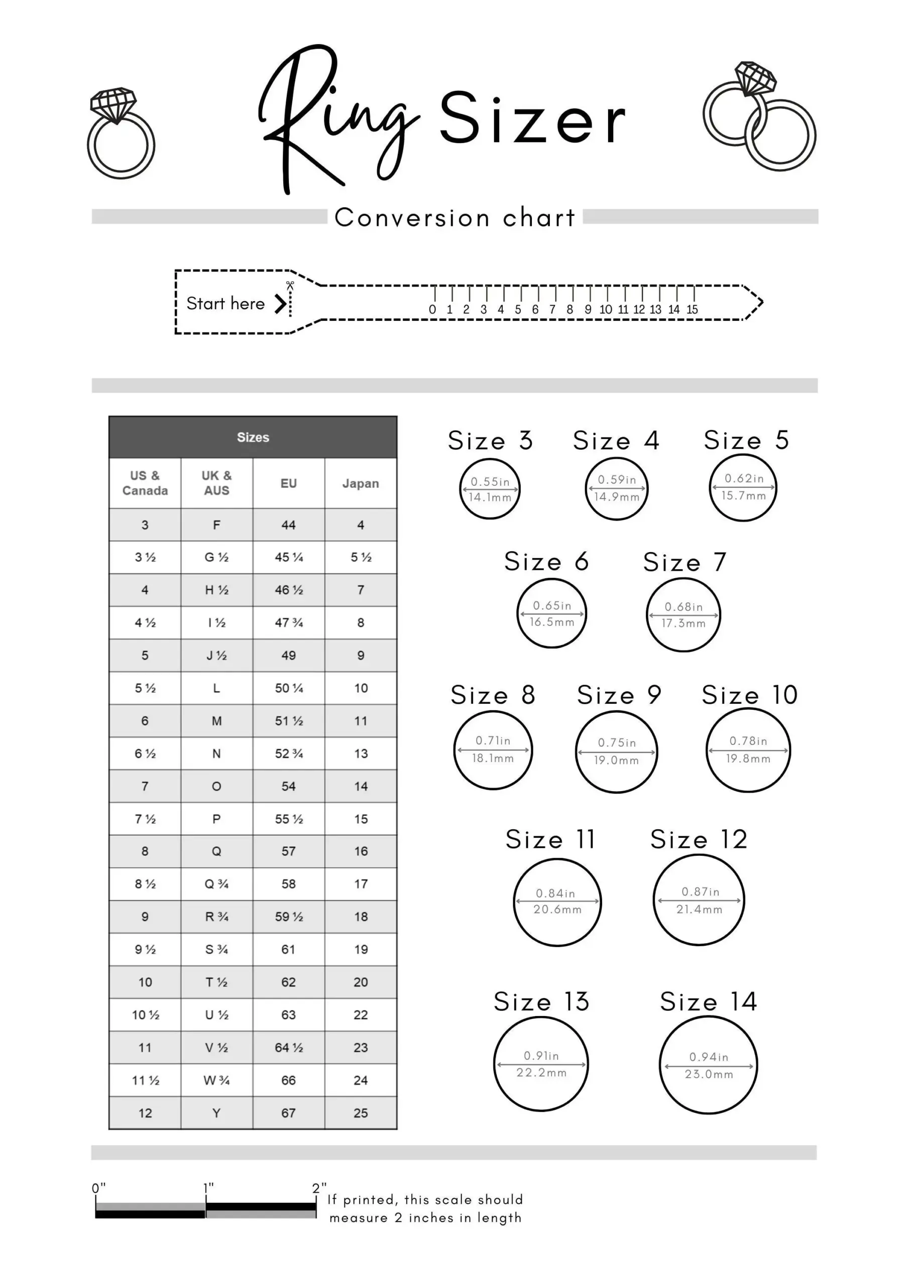 Printable Ring Sizer Accurate Ring Size Finder Measuring Tool International Ring Size Chart Measure Finger Instant Download Etsy