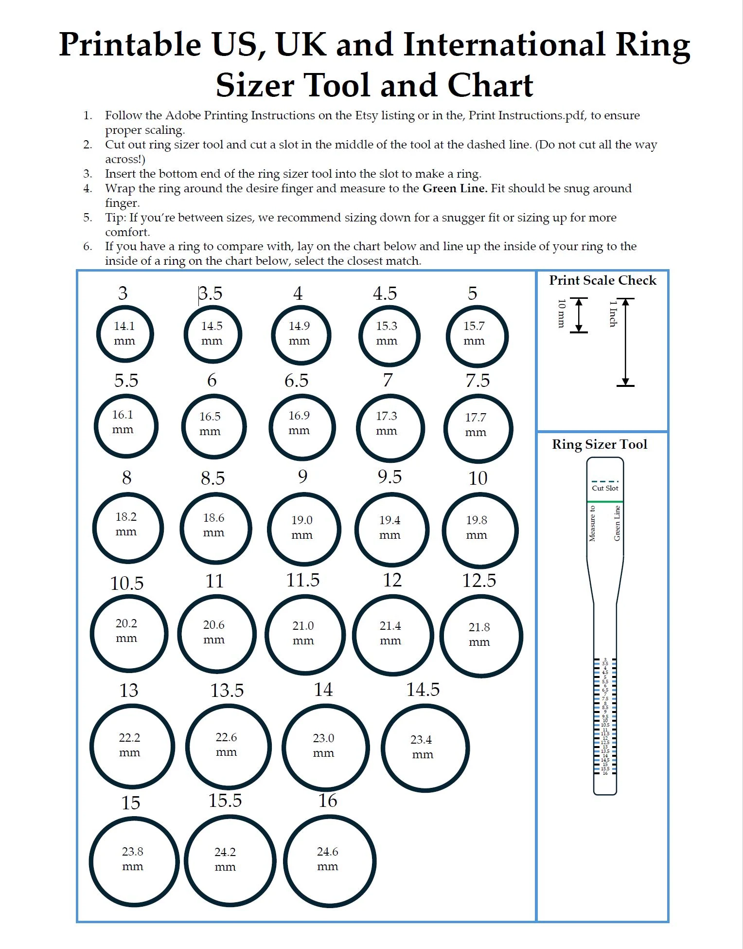 Printable Ring Sizer Tool US UK International Size Chart PDF Download Etsy