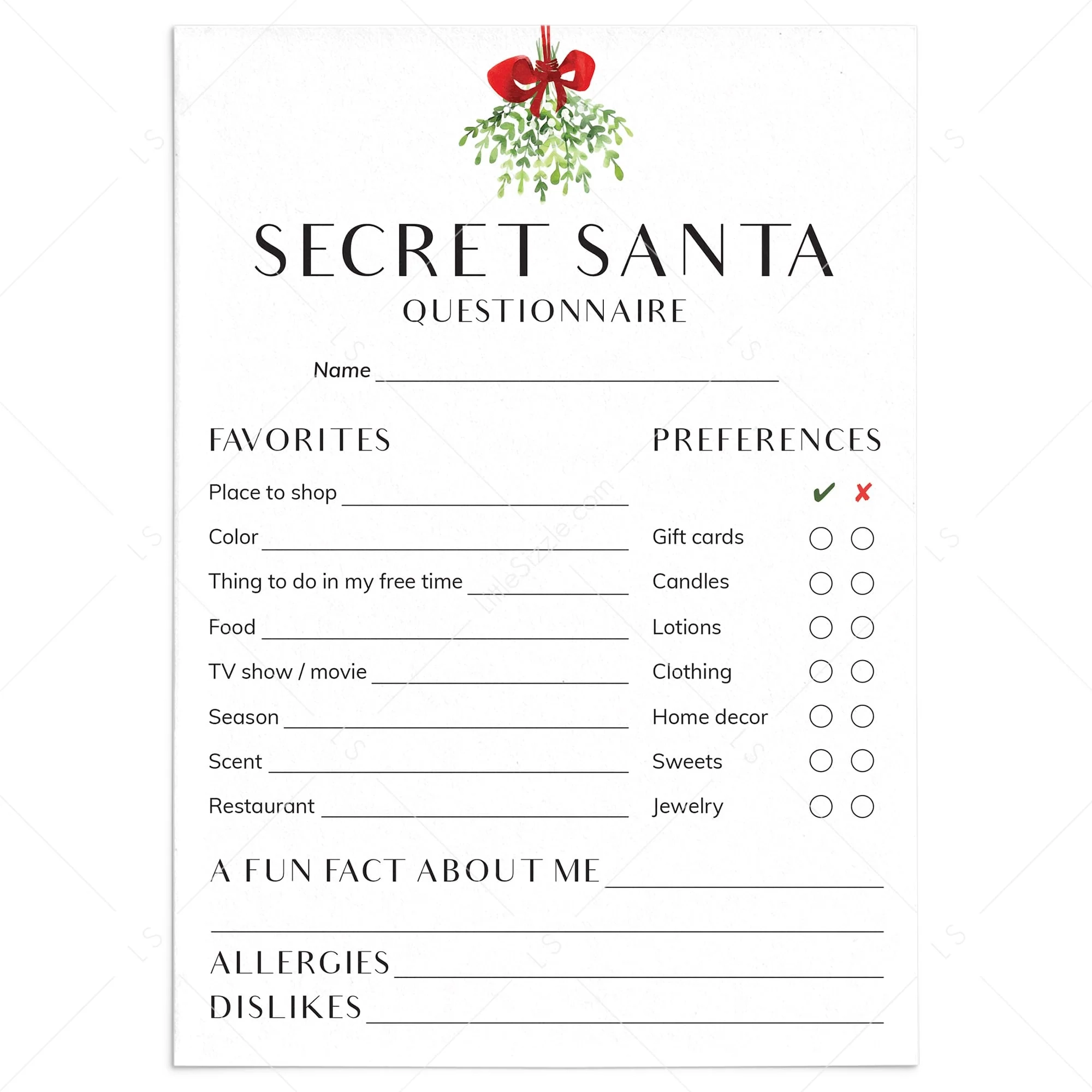 Printable Secret Santa Form Download Secret Santa Questionnaire LittleSizzle