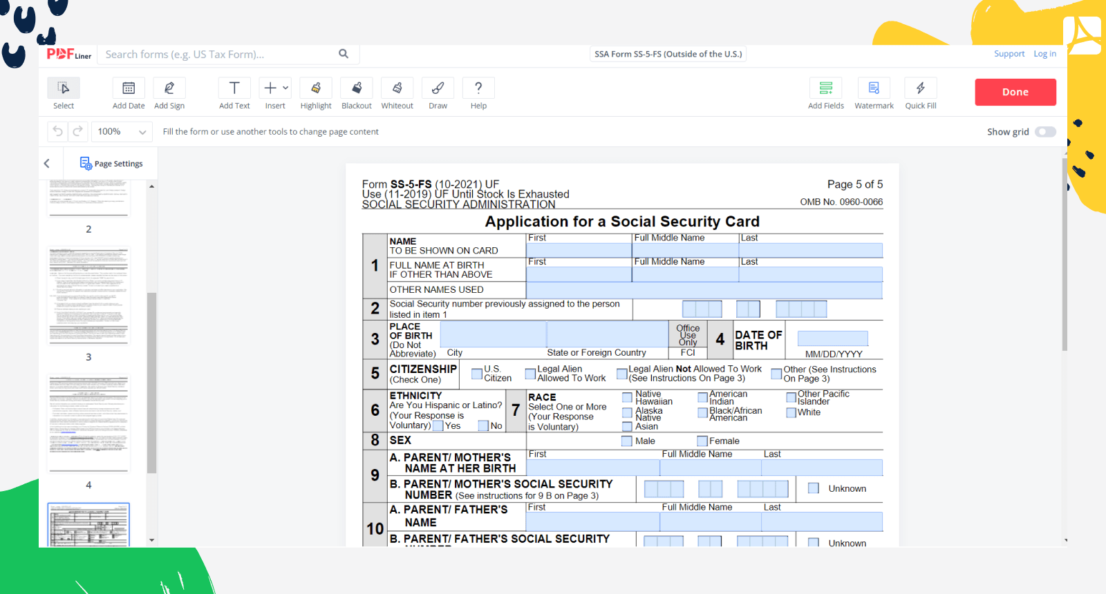 Printable SSA Form SS 5 FS Blank Sign Forms Online PDFliner