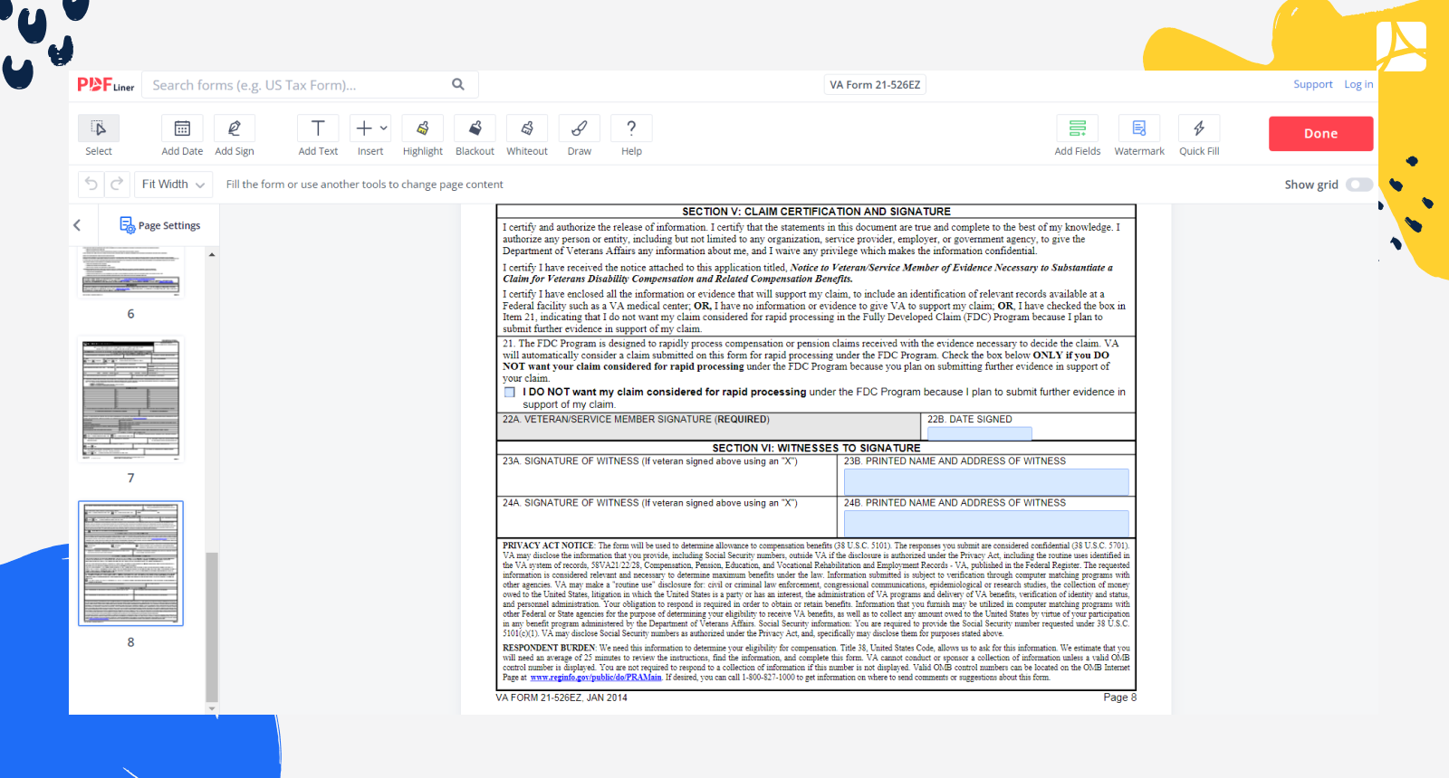 Printable VA Form 21 526EZ Blank Sign Forms Online PDFliner
