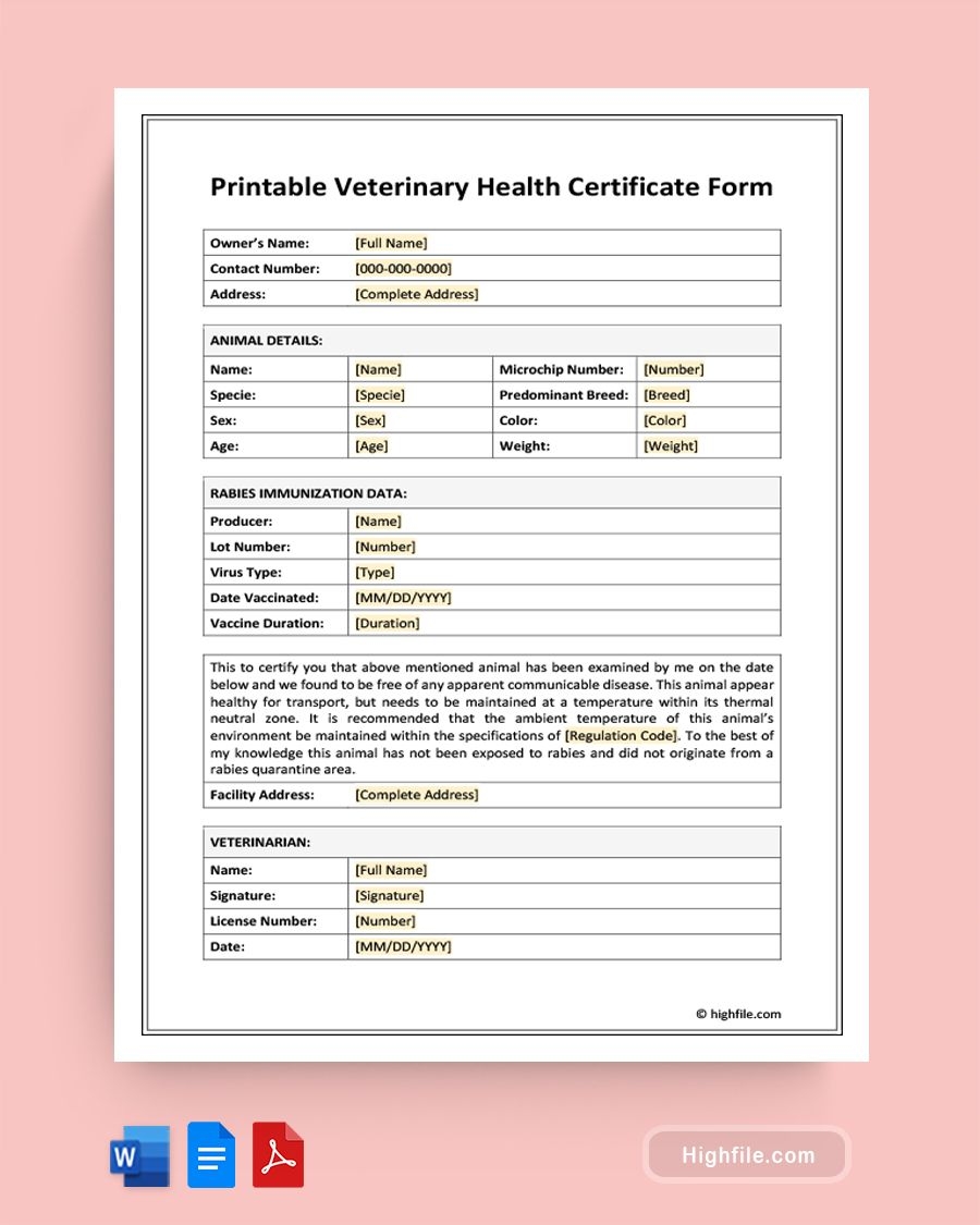 Printable Veterinary Health Certificate Form