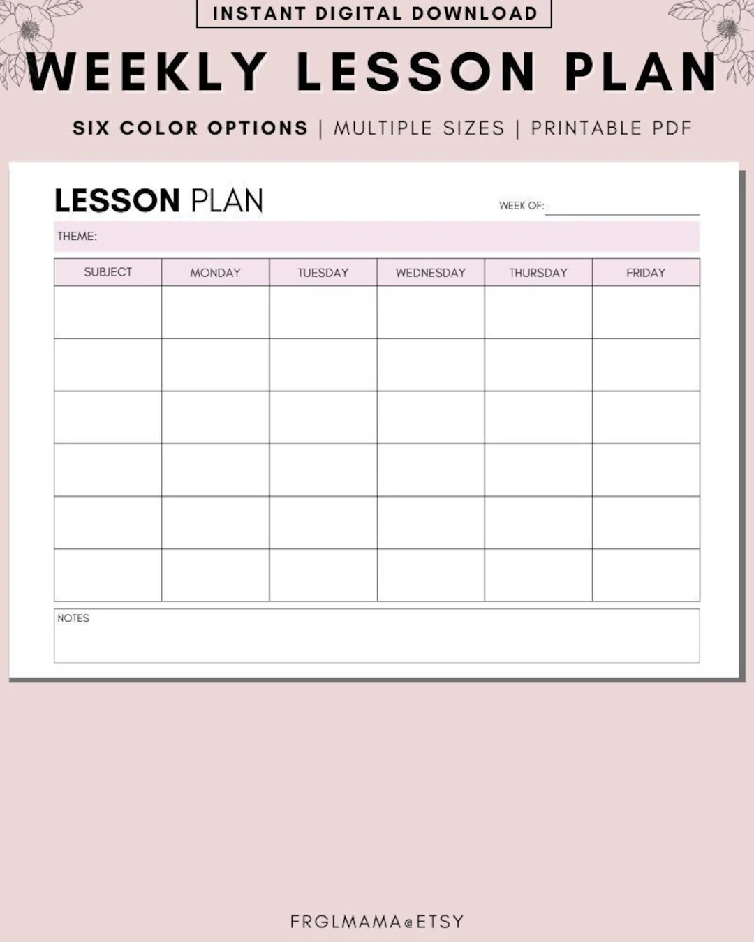 Printable Weekly Lesson Plan Template Preschool kindergarten PDF Instant Etsy