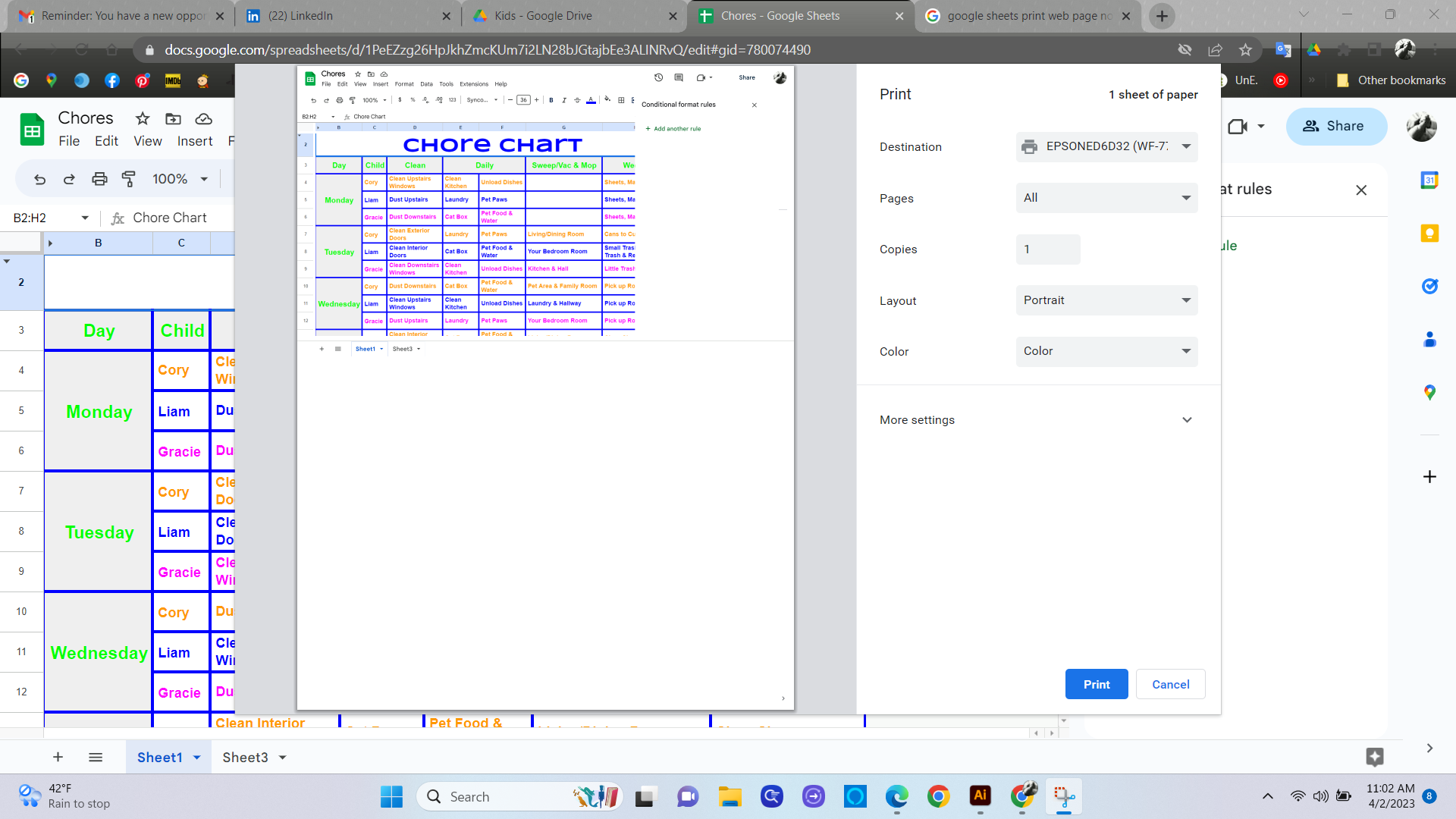 how to print google sheets