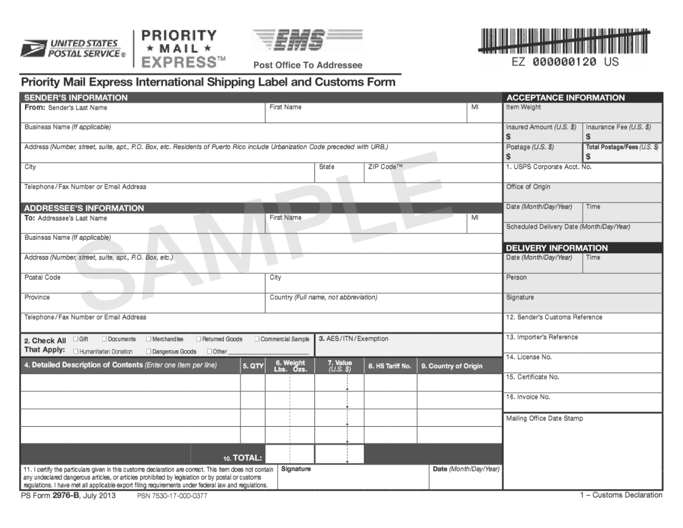 PS Form 2976 B Priority Mail Express International Shipping Label And Customs Form Document Template