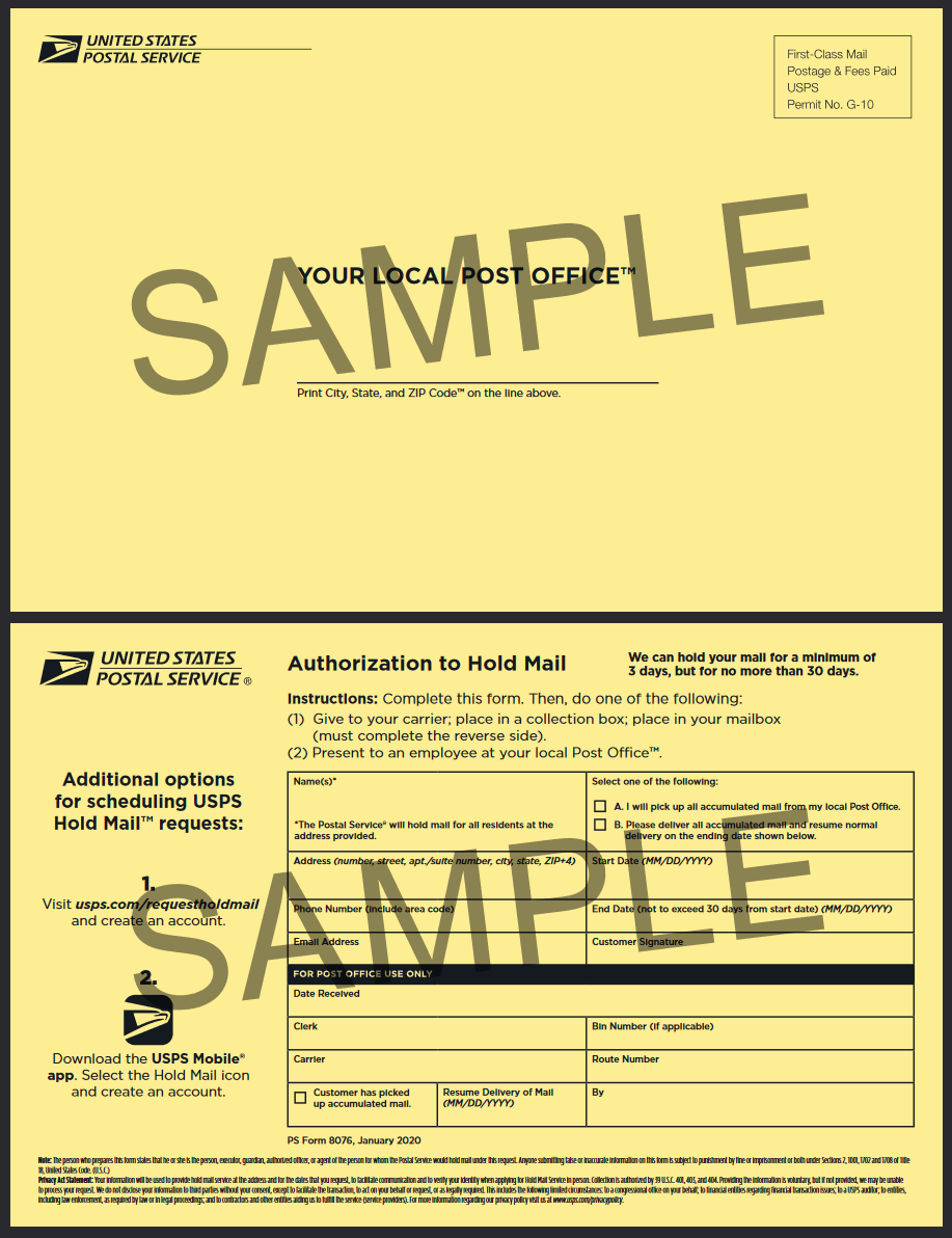 PS Form 8076 Authorization To Hold Mail Document Template