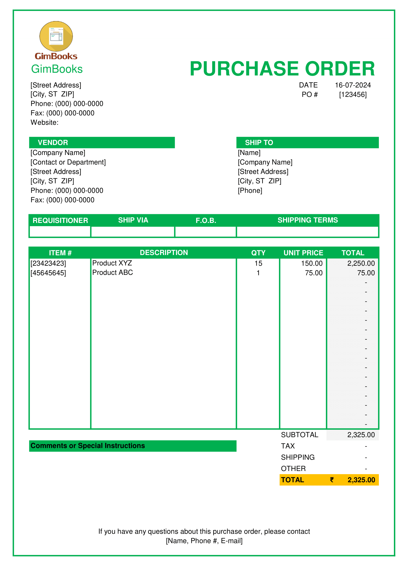 purchase order template word