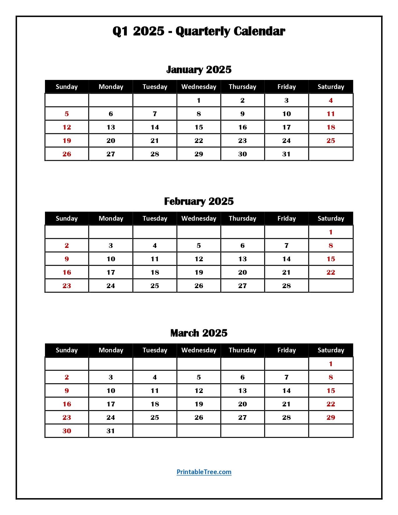 Q1 Quarterly Calendar 2025 Printable PDF Templates