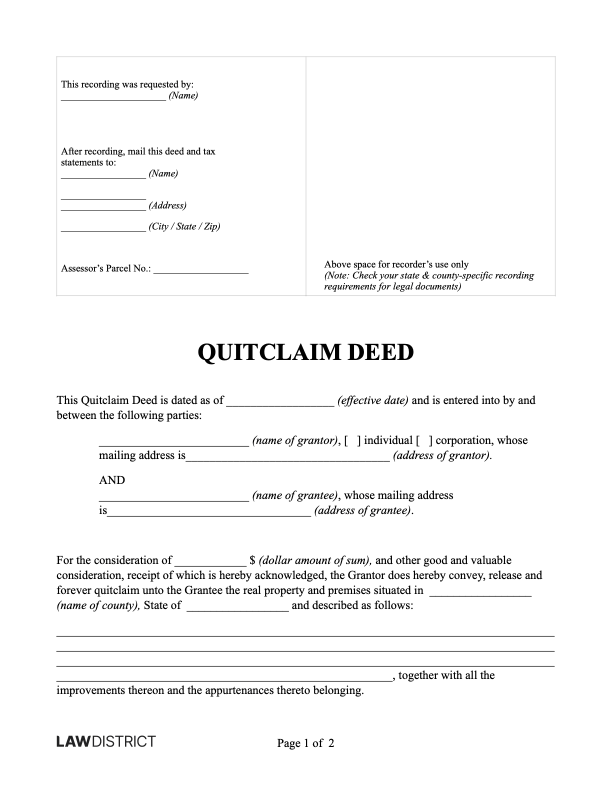 Quitclaim Deed For All US States PDF Sample Lawdistrict