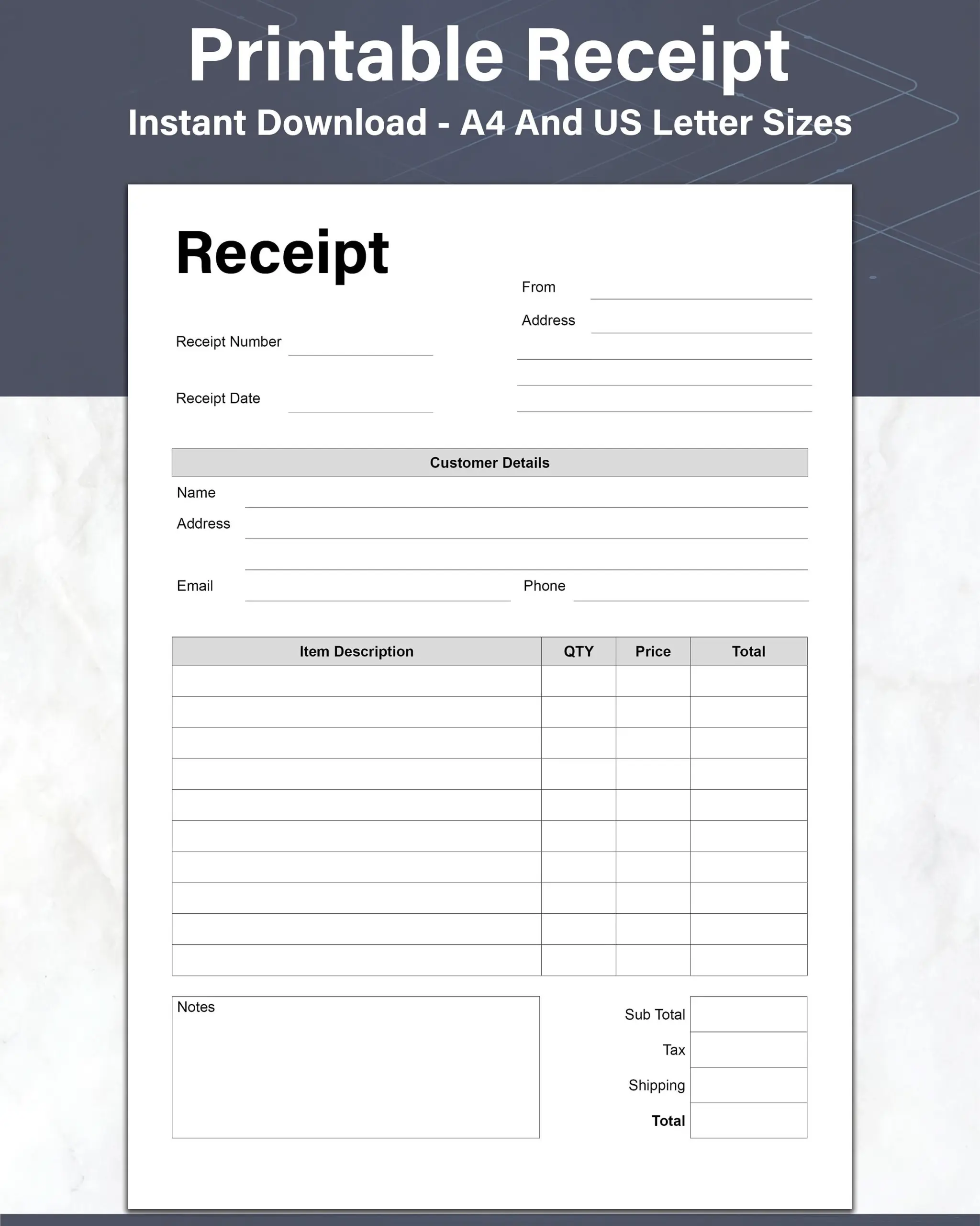 Receipt Template Printable Customer Order Form Small Business Sales Receipt A4 And US Letter Instant Download PDF Etsy