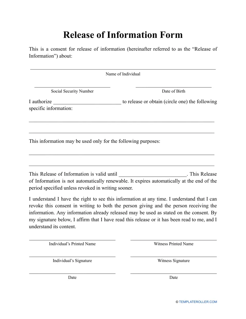 free printable release of information form