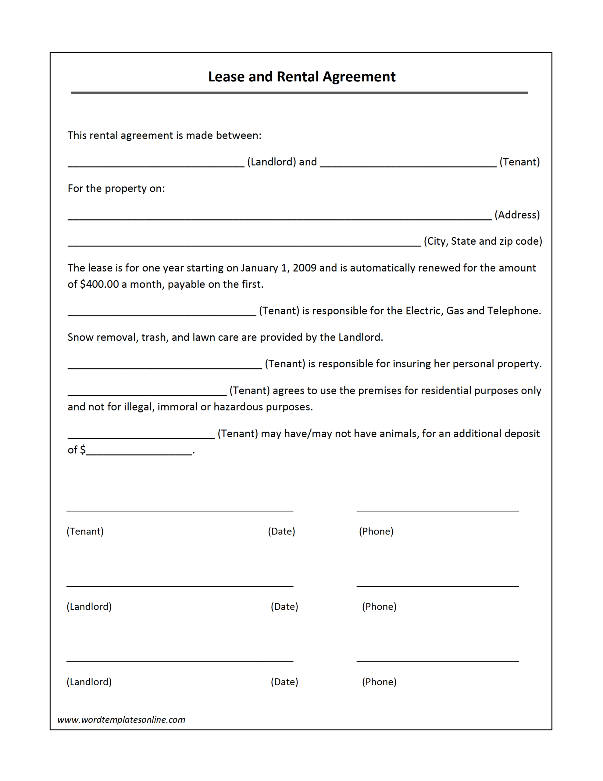 rental agreement form free printable