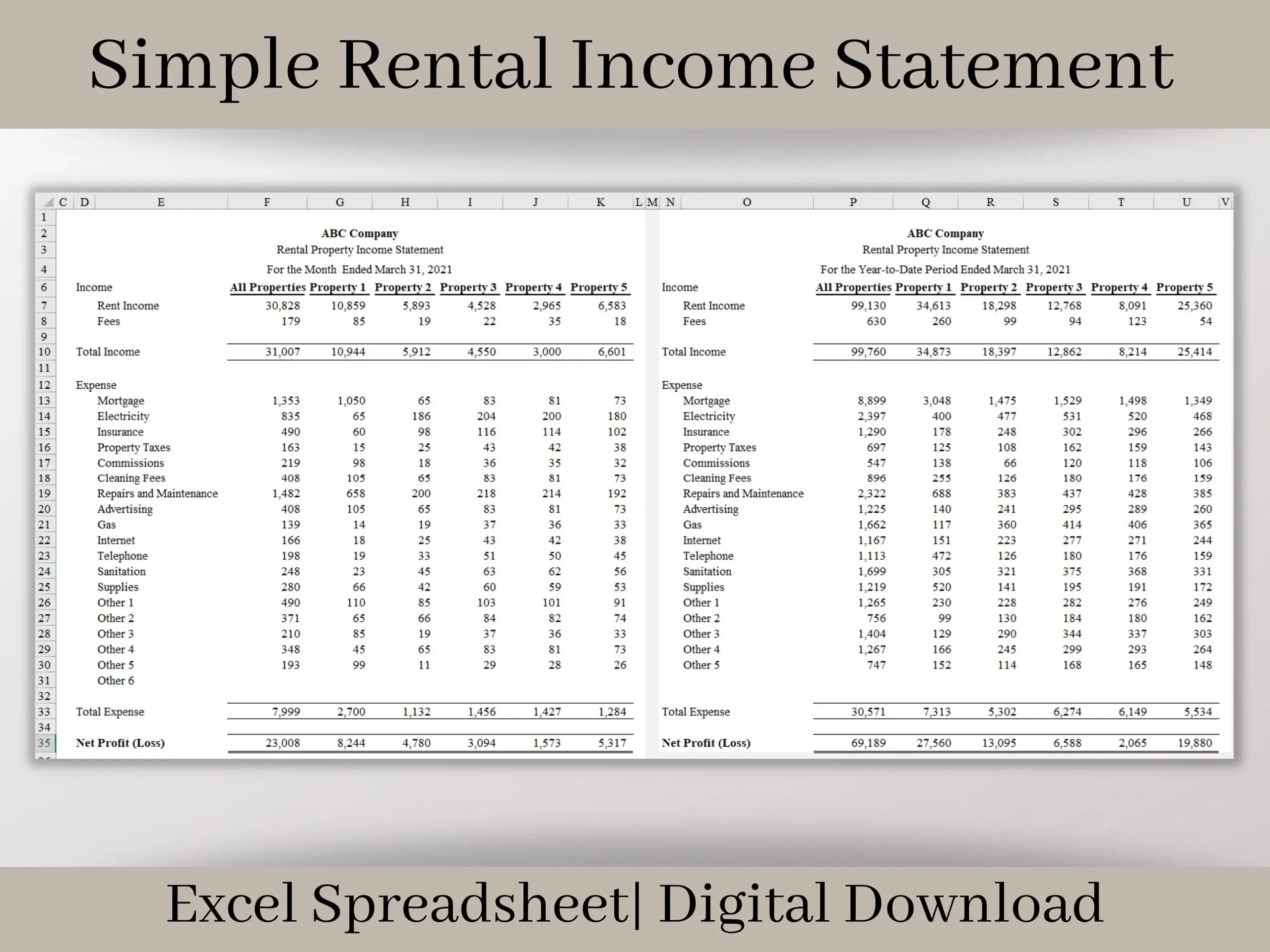 Rental Property Income Statement Excel Template Landlord Profit Loss digital Download Etsy