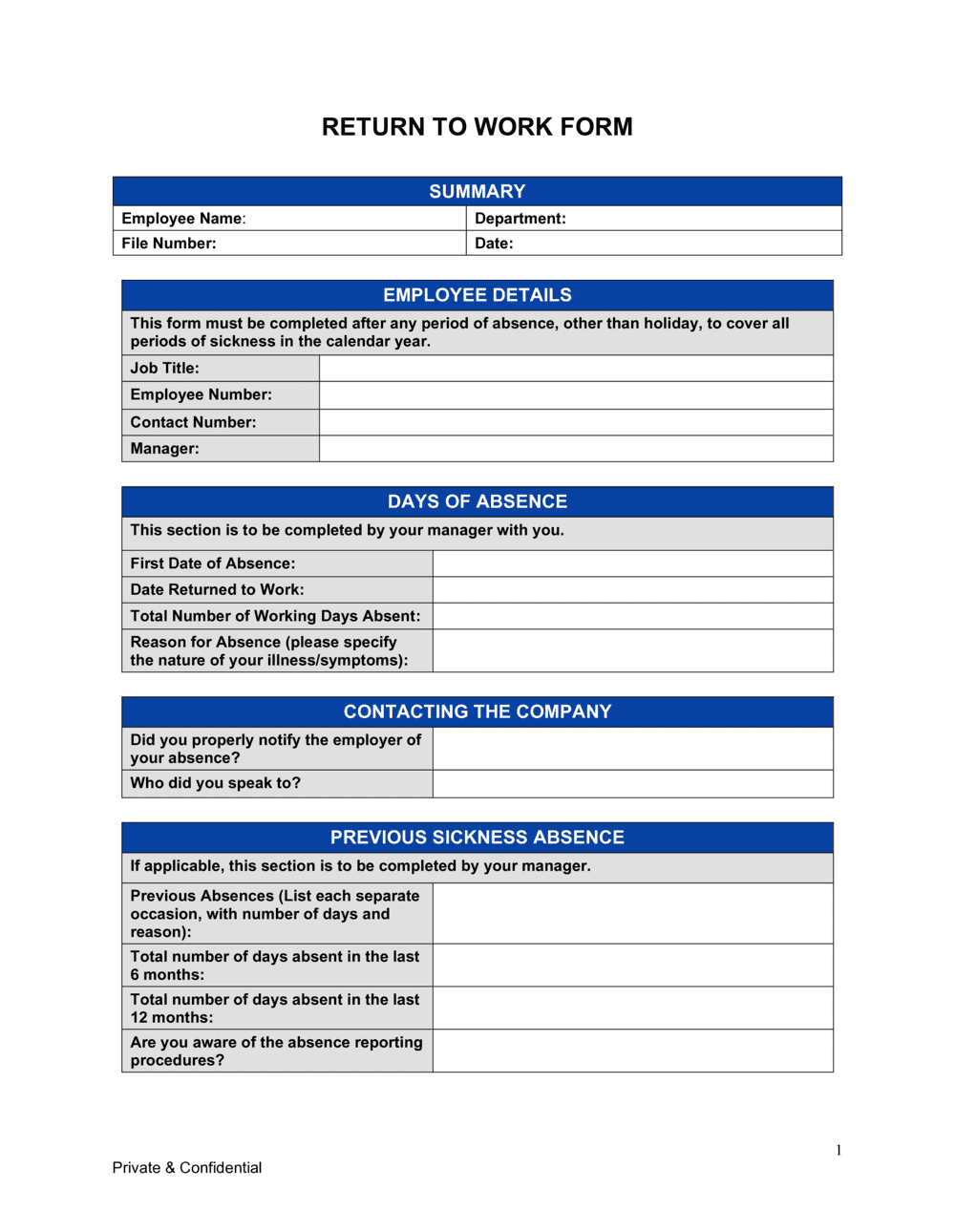 Return To Work Form Template Free Word PDF