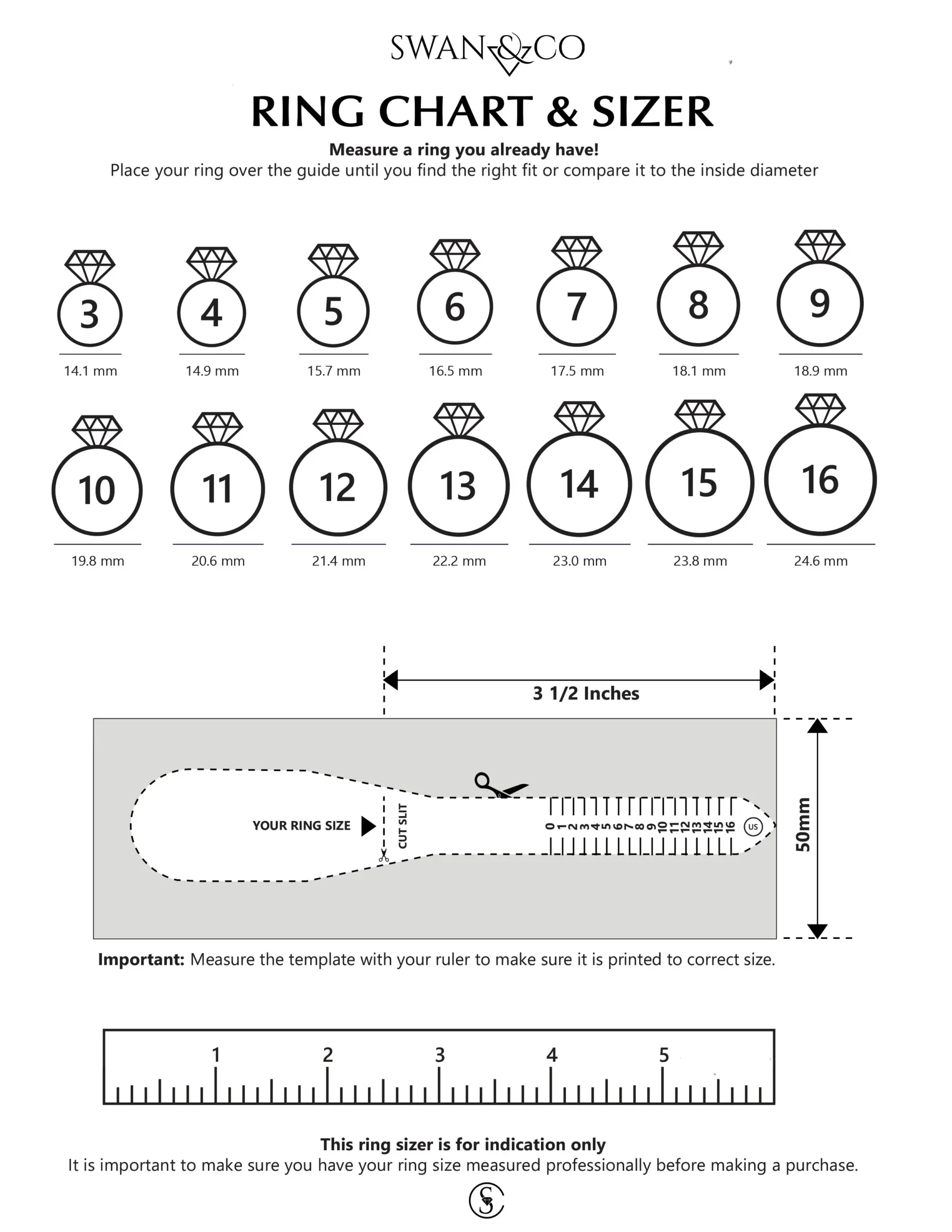 Ring Size Chart Swan Co Jewelry