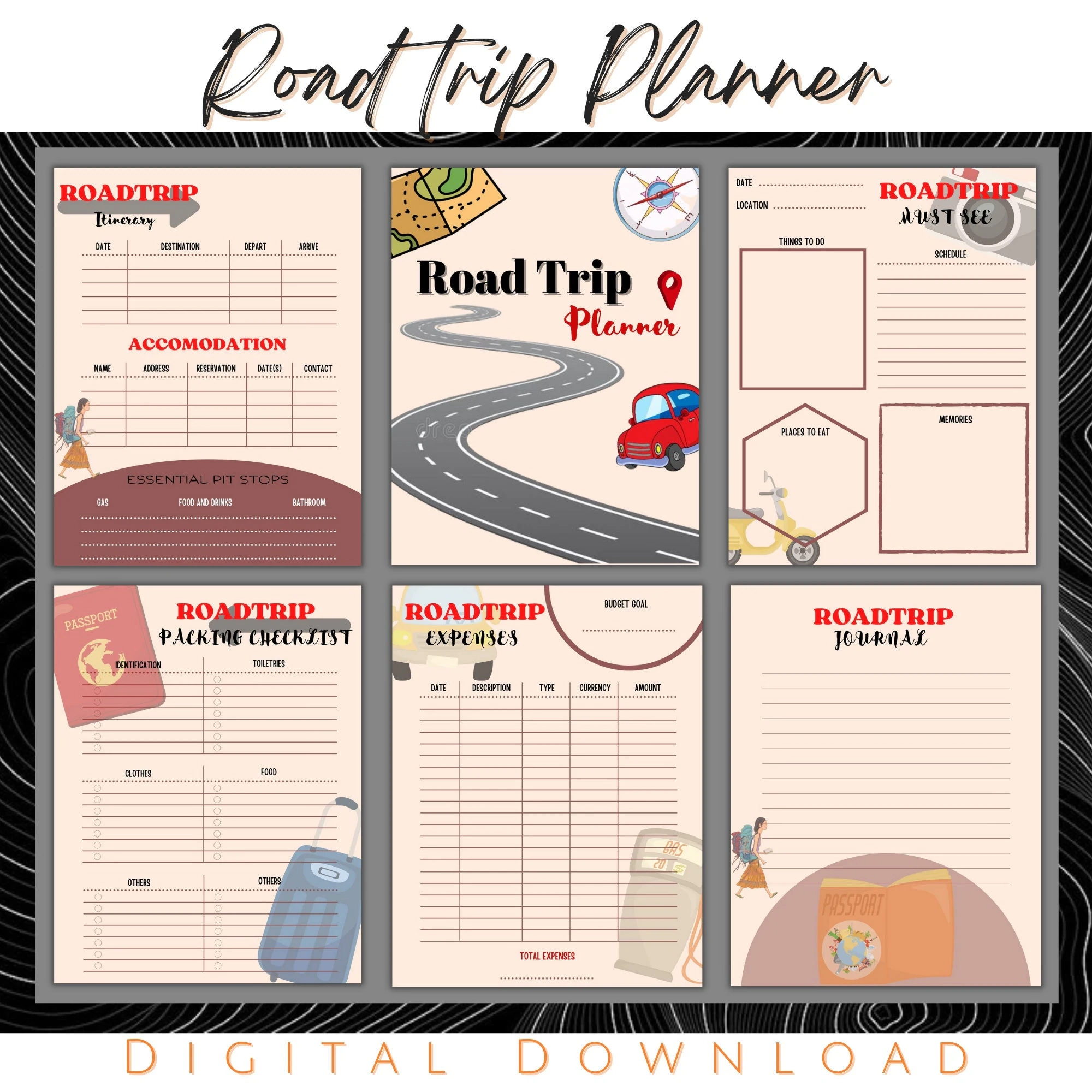 Road Trip Planner Printable Itinerary Checklist Journal digital Download Etsy