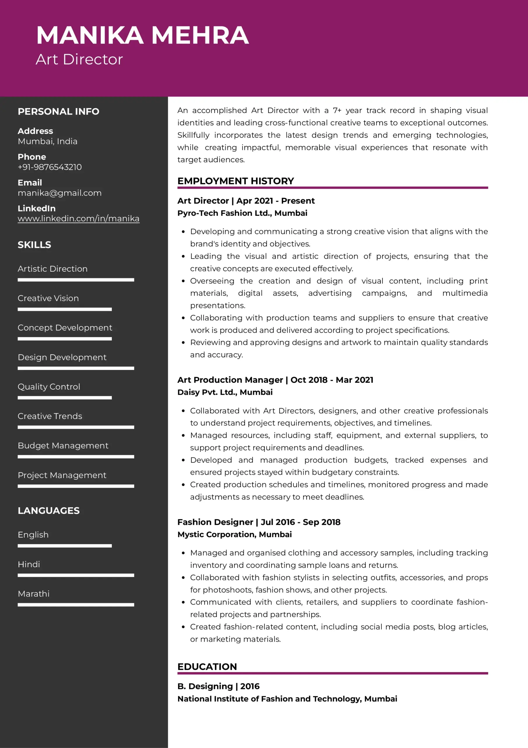 Sample Resume Of Art Director With Template Writing Guide Resumod co
