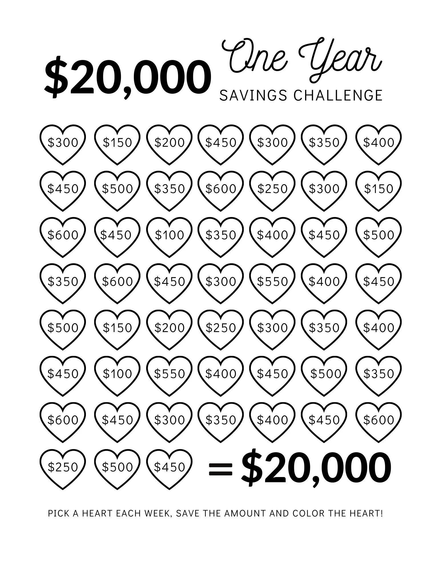 Save 20 000 Dollars In One Year Money Saving Challenge 20K 20 000 Dollar Savings Challenge Tracker Printable Etsy