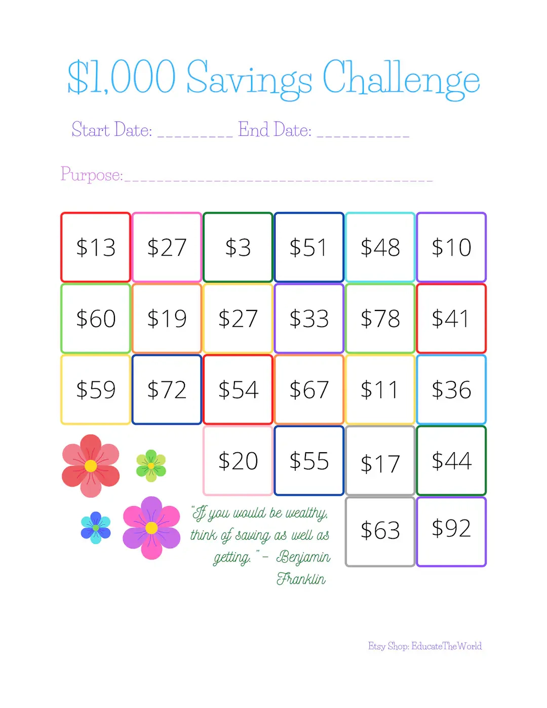 Savings Challenge 1 000 Dollar Savings Challenge Money Tracker Savings Tracker Printable Money Saving Printable Etsy
