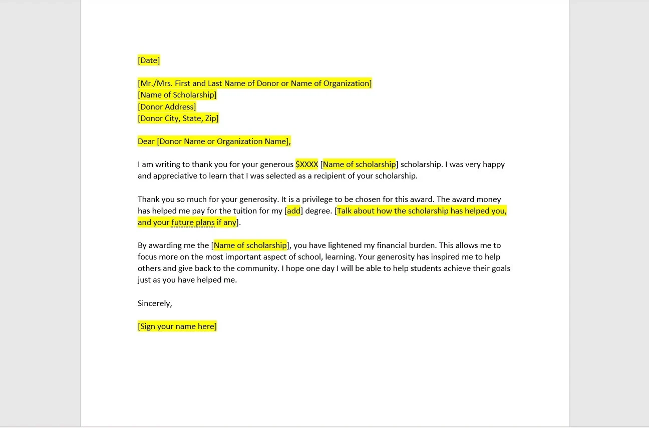 scholarship thank you letter templates