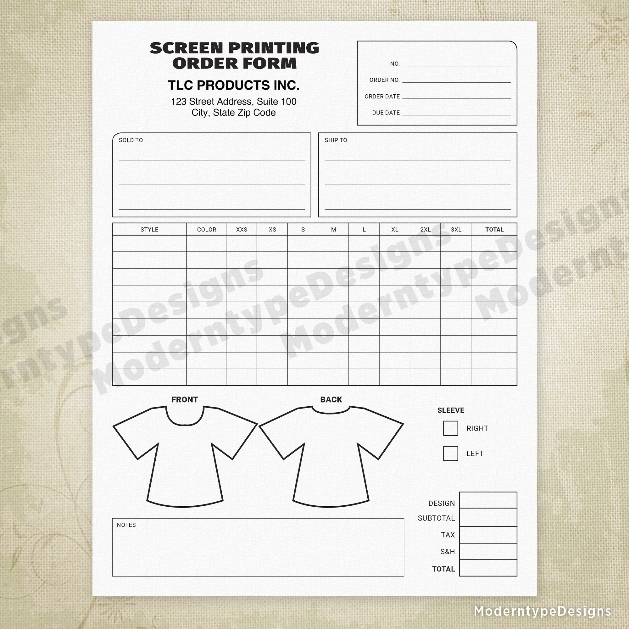 Screen Printing Order Form Printable Editable 2
