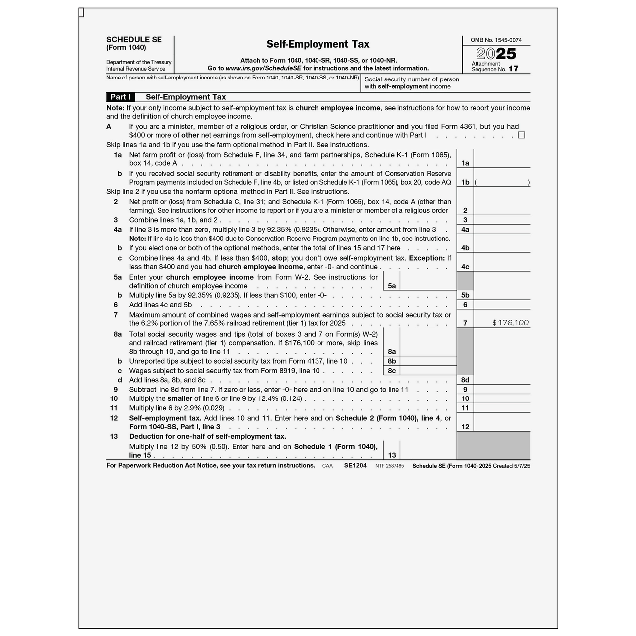 SE1204 Form 1040 Schedule SE Self Employment Tax Page 1 2 NelcoSolutions