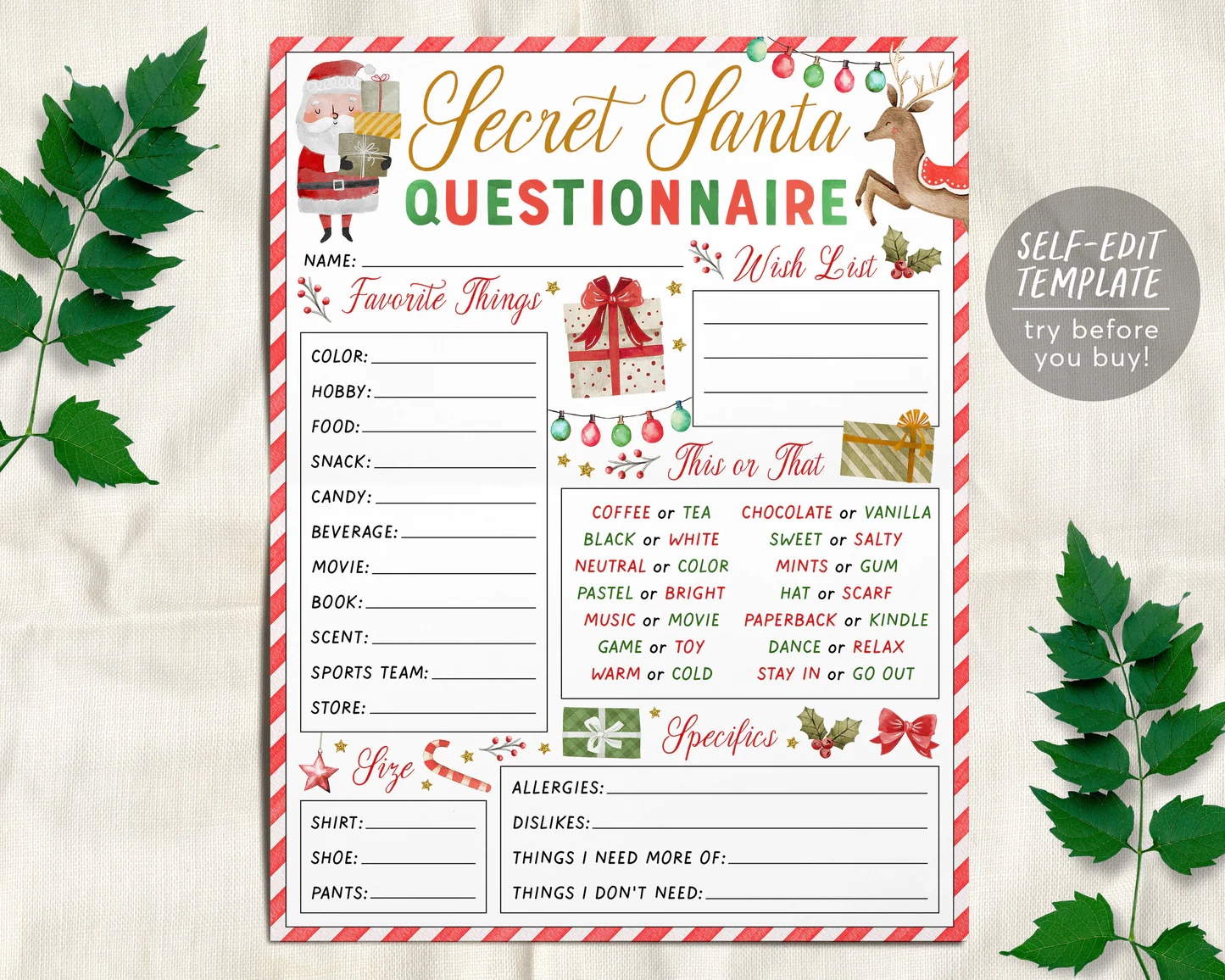Secret Santa Gift Exchange Questionnaire Editable Template Holiday Ch Puff Paper Co