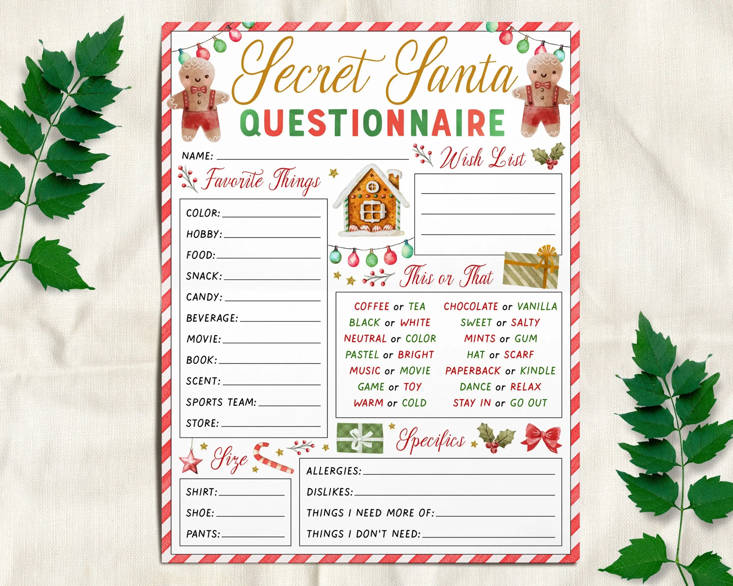 Secret Santa Gift Exchange Questionnaire Editable Template Holiday Gi Puff Paper Co