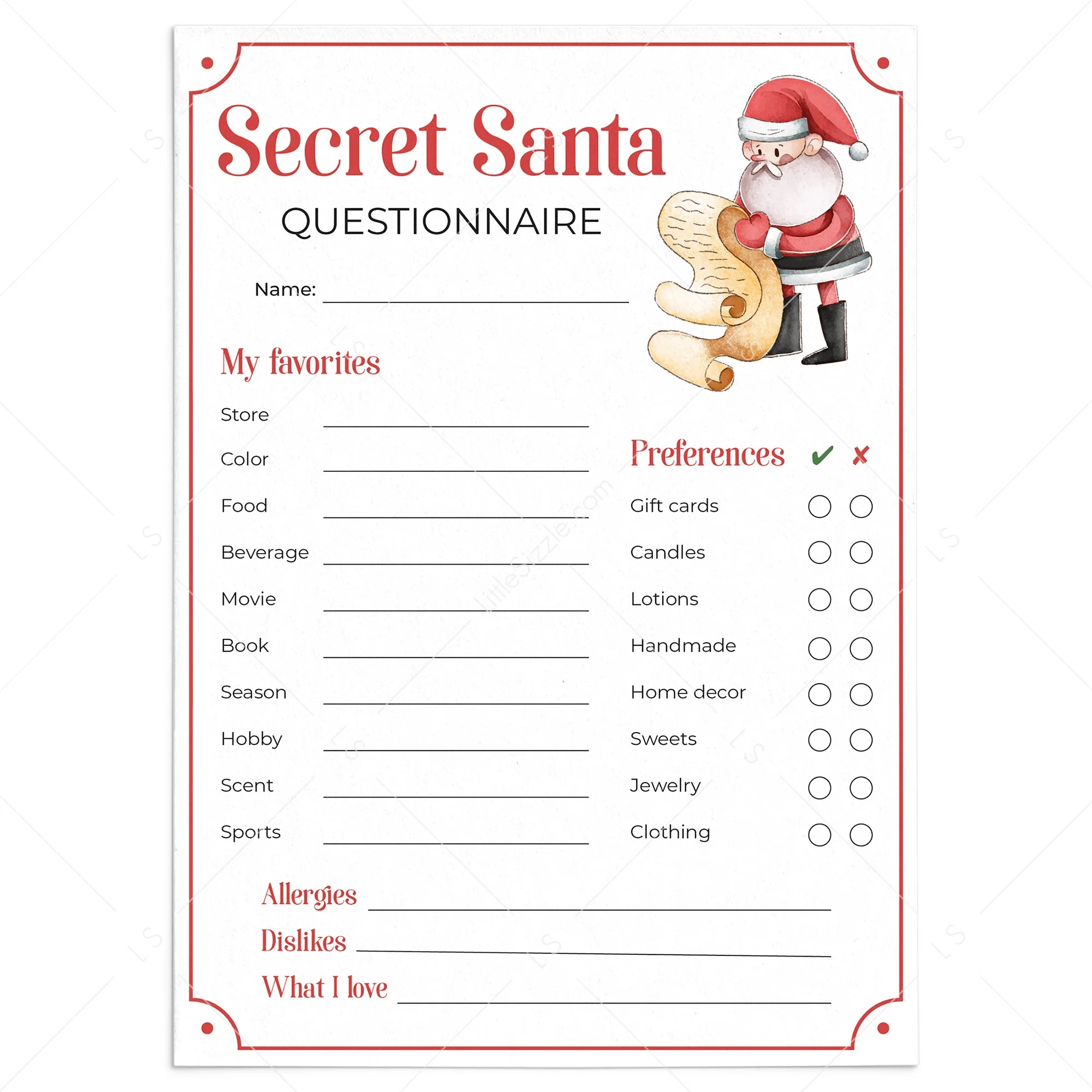 secret santa forms printable