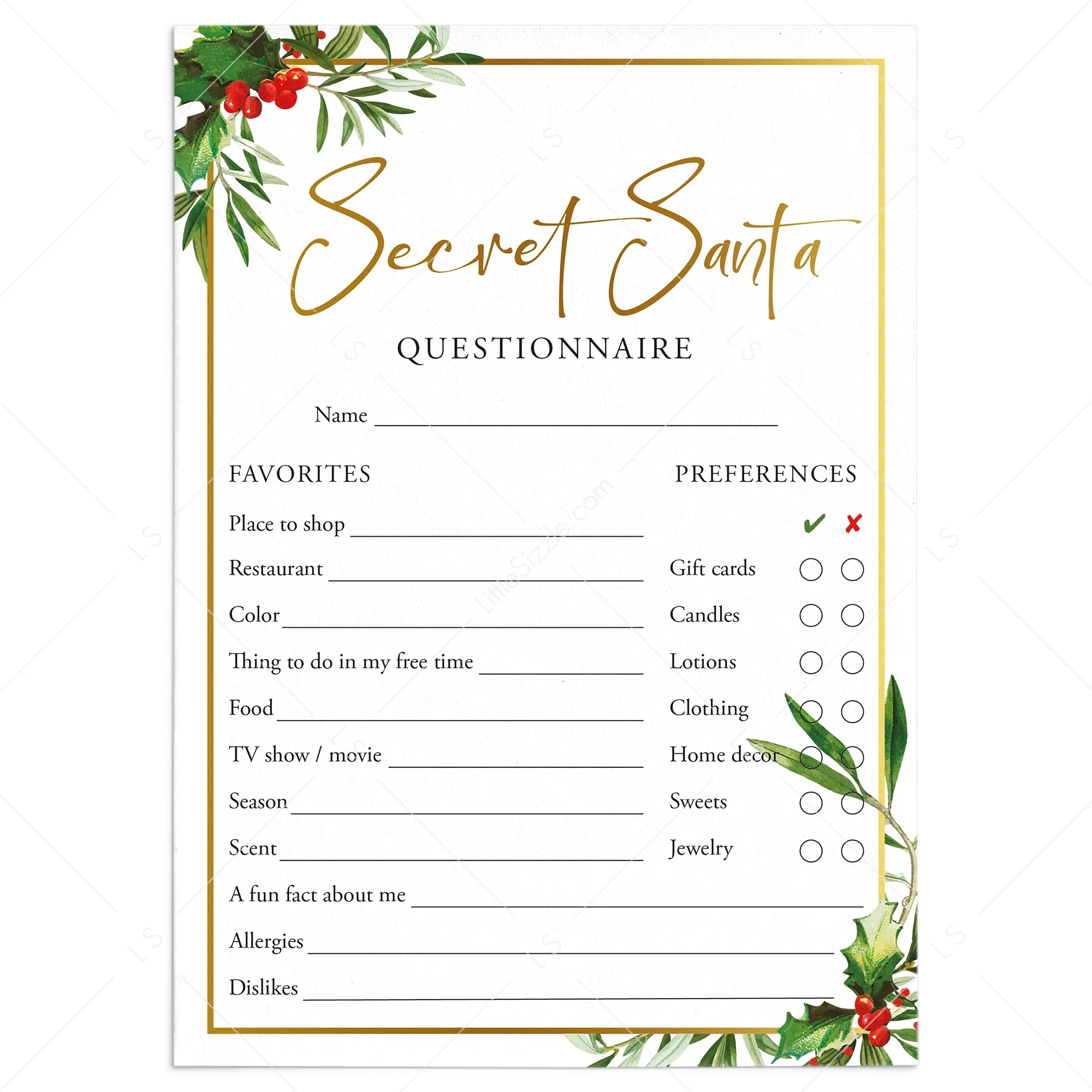 secret santa printable form