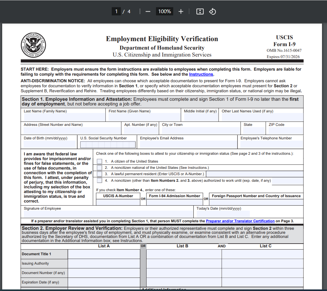 ServiceConnect Form I 9 Employment Eligibility Verification Manual Process