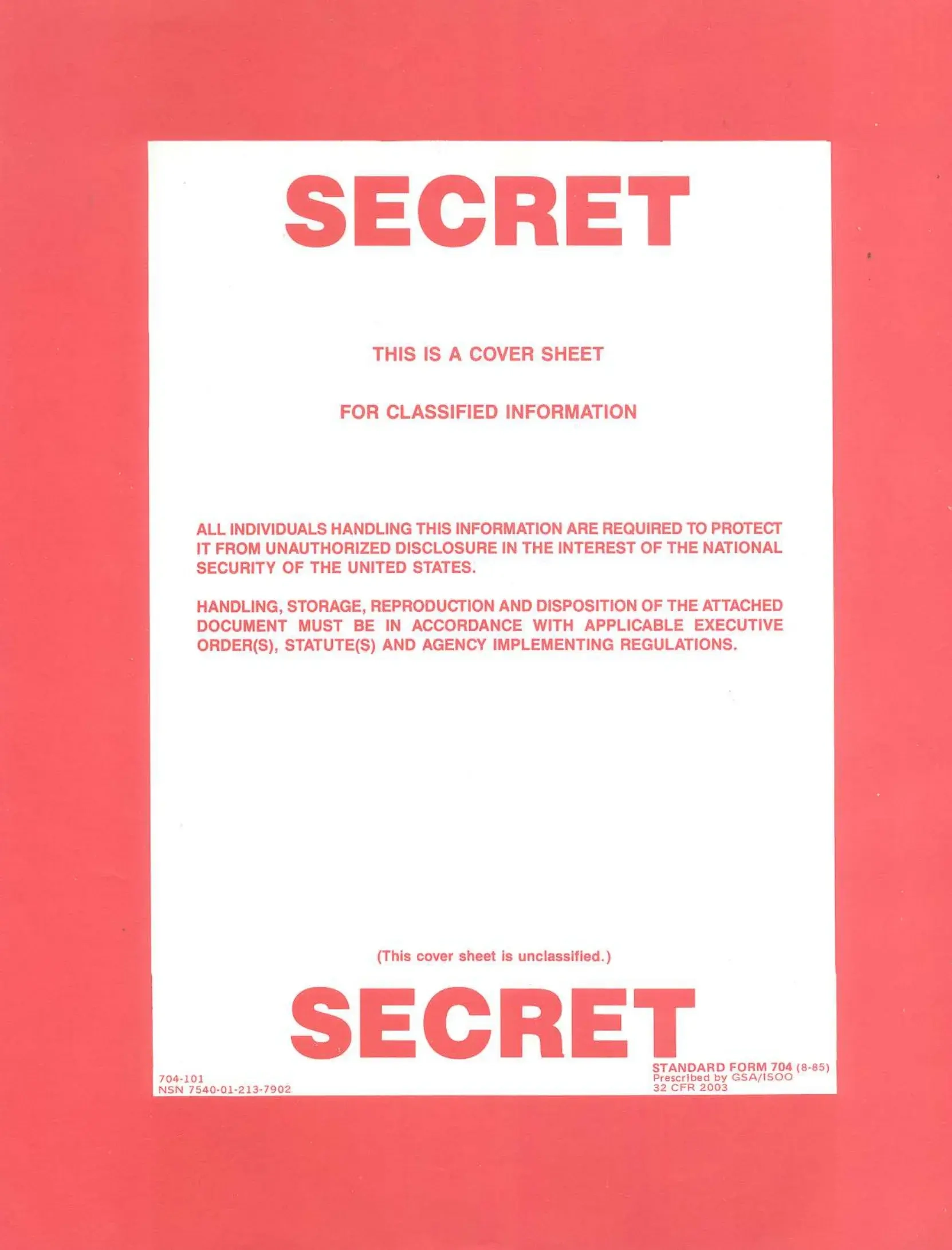 Sf 704 Secret Cover Sheet Form Fill Out Printable PDF