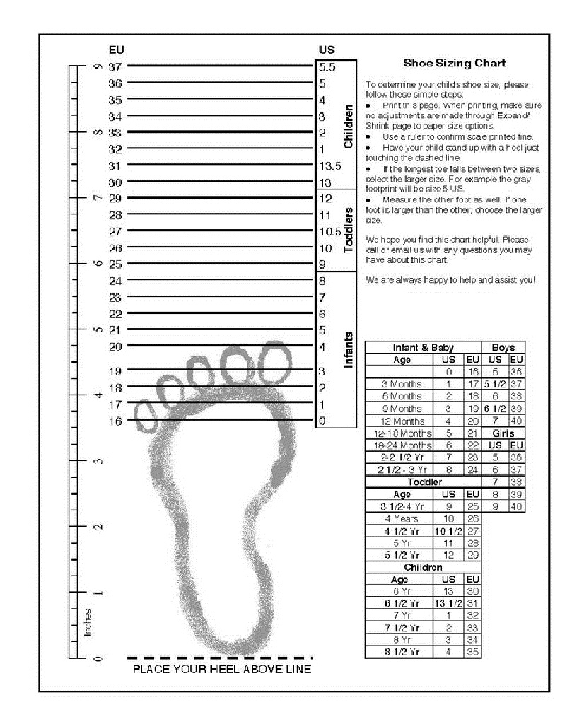 printable infant shoe size chart